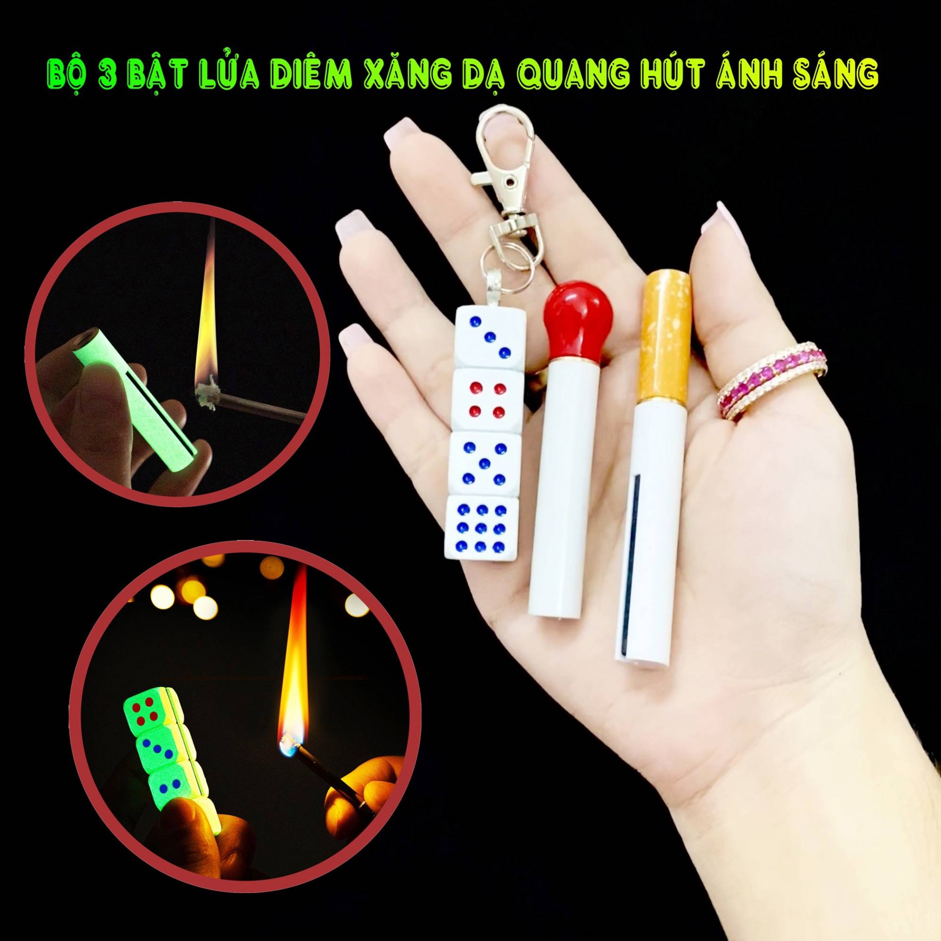Bộ 3 bật lửa diêm xăng dạ quang xí ngầu, điếu thuốc, que diêm
