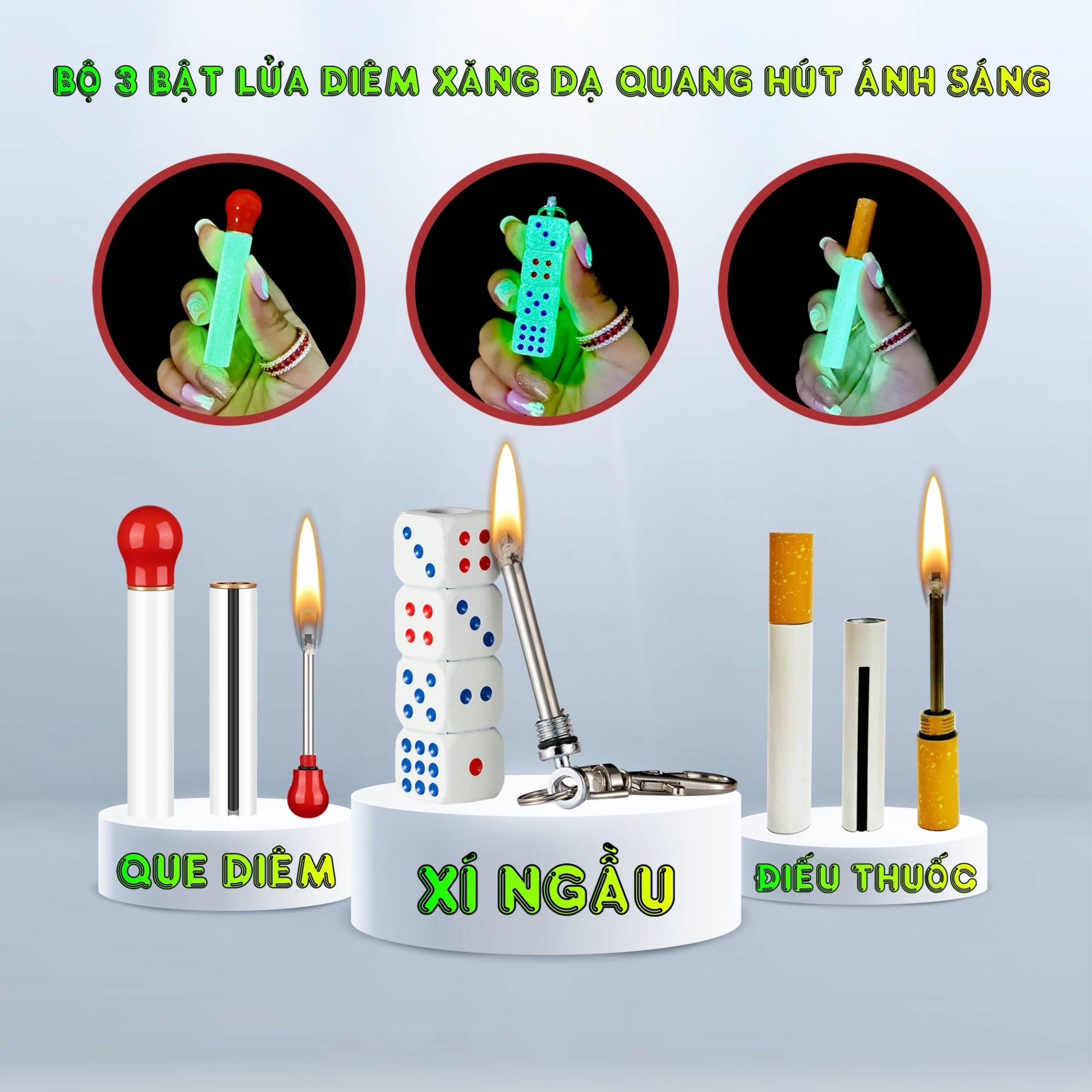 Bộ 3 bật lửa diêm xăng dạ quang xí ngầu, điếu thuốc, que diêm