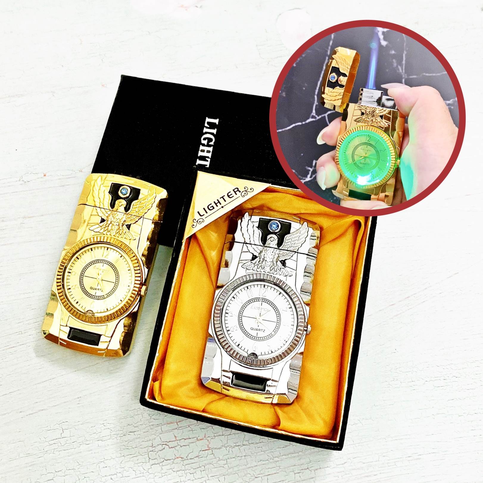 Đồng hồ kiêm bật lửa hình đại bàng - có đèn LED (có hộp) - dùng gas - Ảnh 3