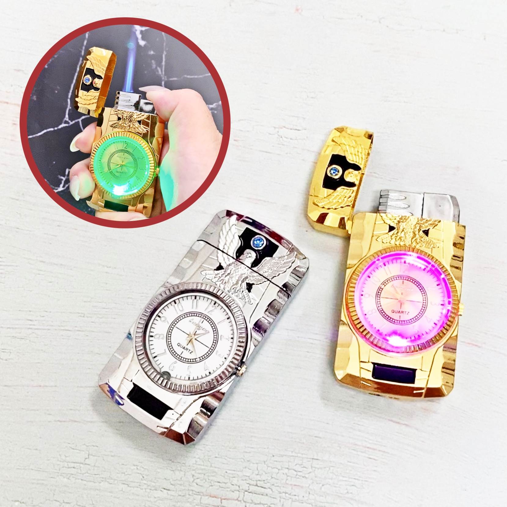 Đồng hồ kiêm bật lửa hình đại bàng - có đèn LED (có hộp) - dùng gas - Ảnh 2
