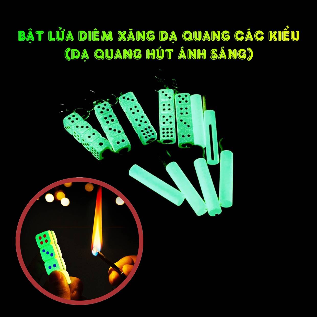 Bộ 3 bật lửa diêm xăng dạ quang xí ngầu, điếu thuốc, que diêm