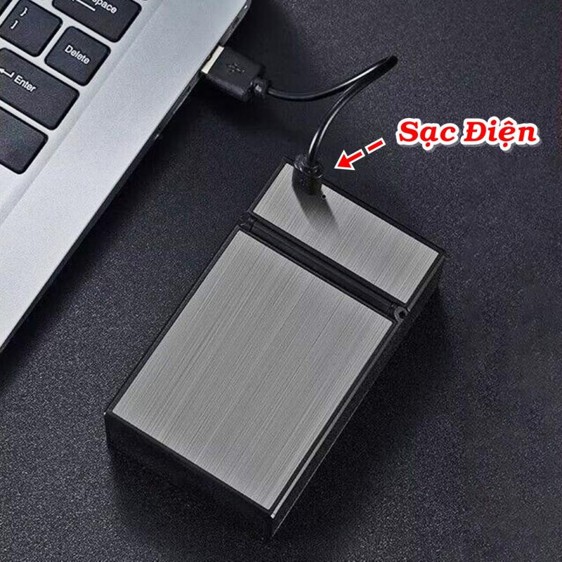 Bật lửa điện kiêm gói thuốc lá in nhãn hiệu caraven demi bạc