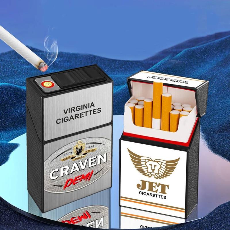 Bật lửa điện kiêm gói thuốc lá in nhãn hiệu caraven demi bạc