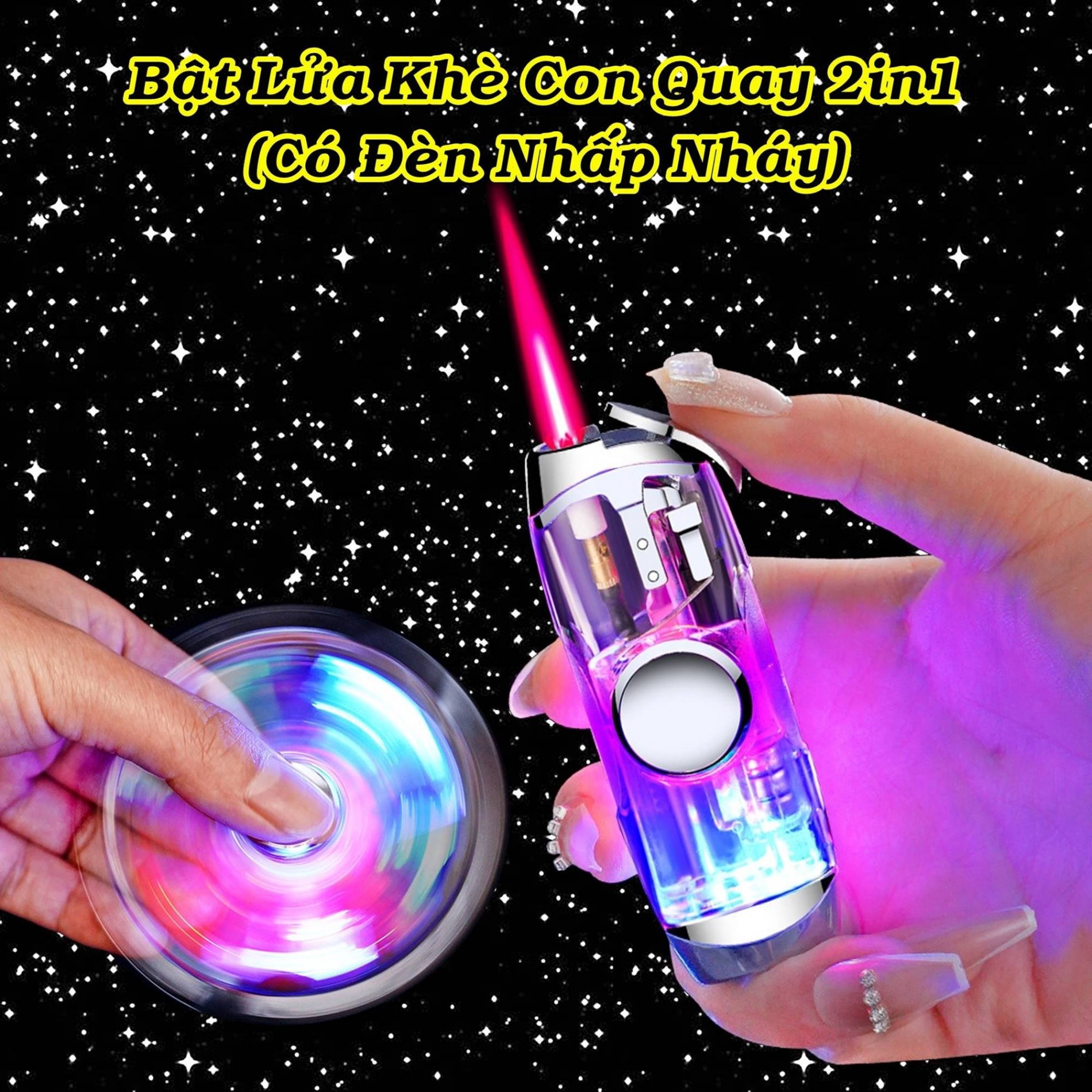 Bật lửa con quay spinner có đèn nhấp nháy xài gas