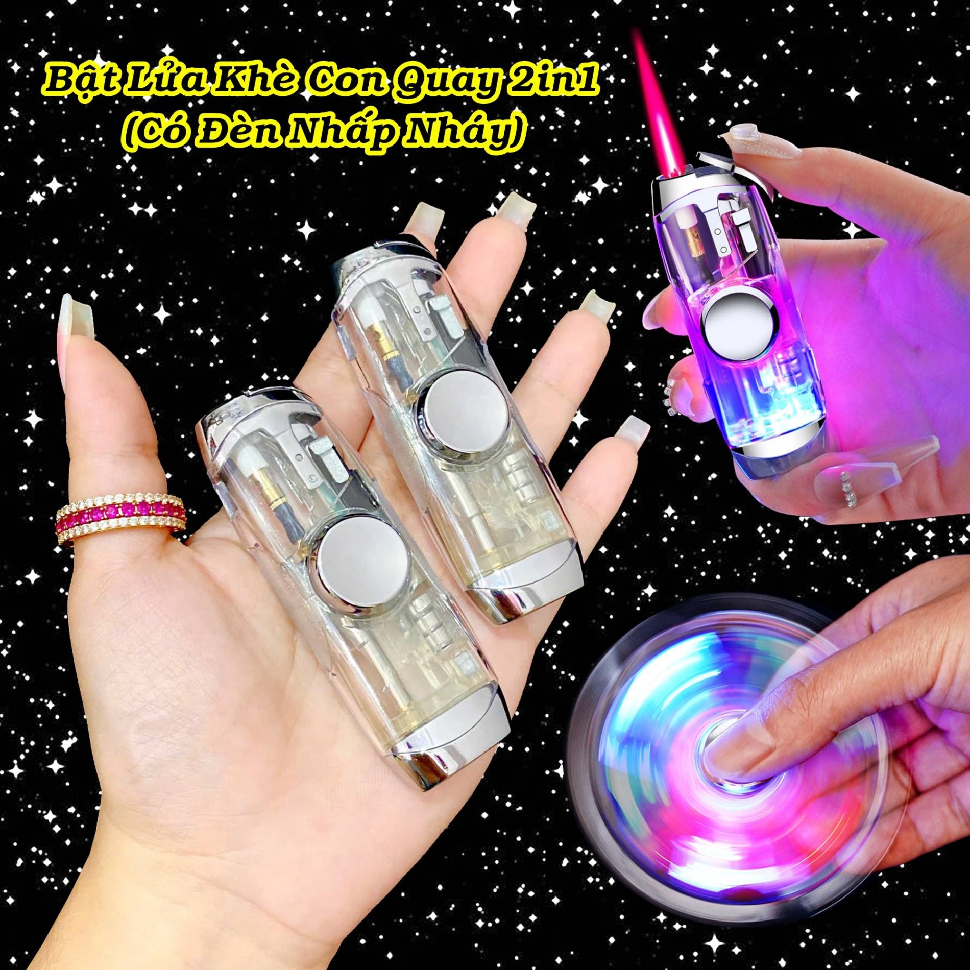 Bật lửa con quay spinner có đèn nhấp nháy xài gas