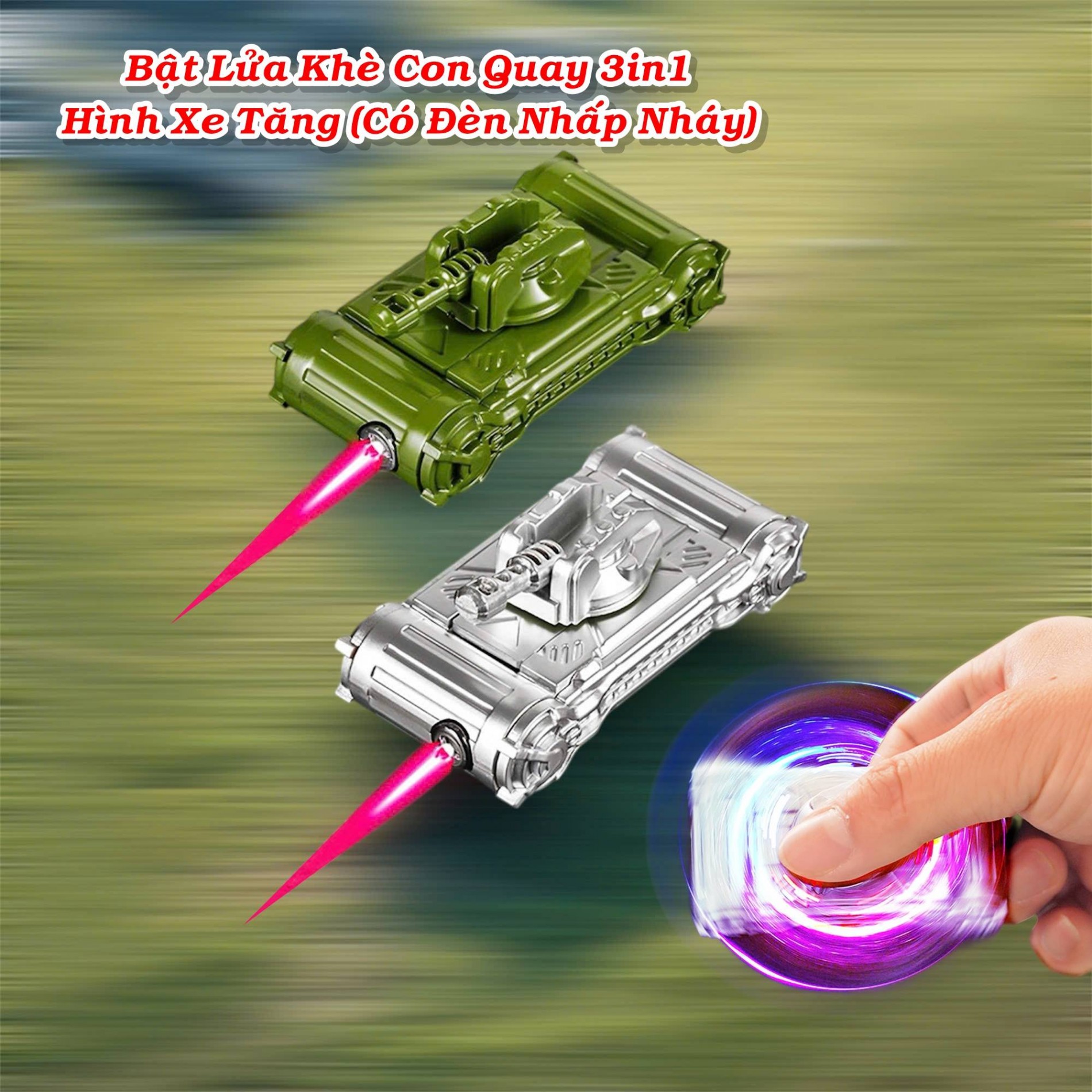 Bật lửa hình xe tăng có đèn nhấp nháy xài gas