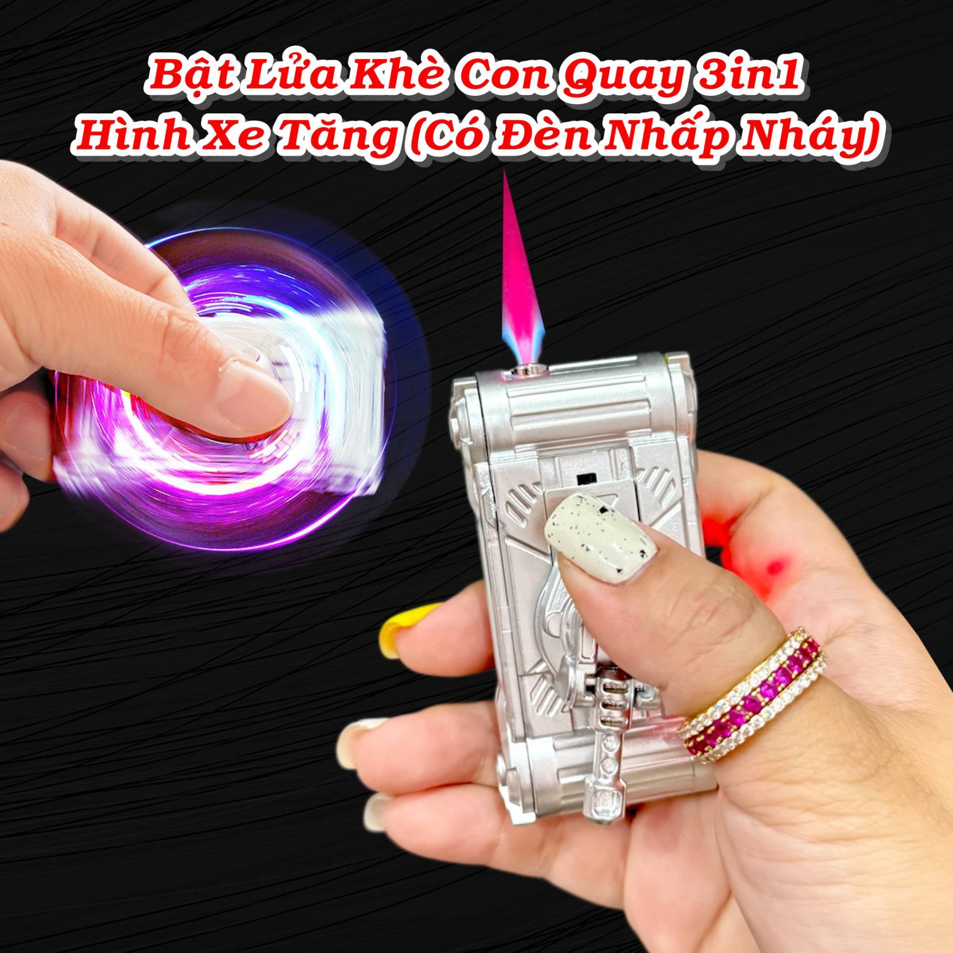 Bật lửa hình xe tăng có đèn nhấp nháy xài gas
