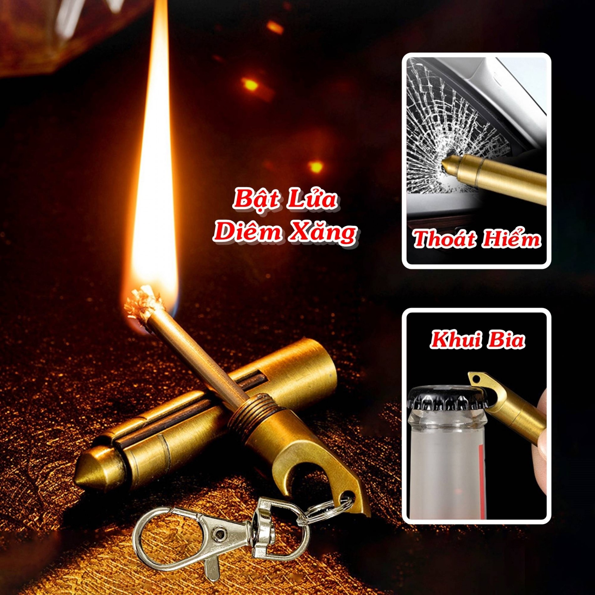 Bật lửa móc khóa diêm xăng Dolphin 4 in1 (bật lửa, móc khóa, thoát hiểm, khui bia)