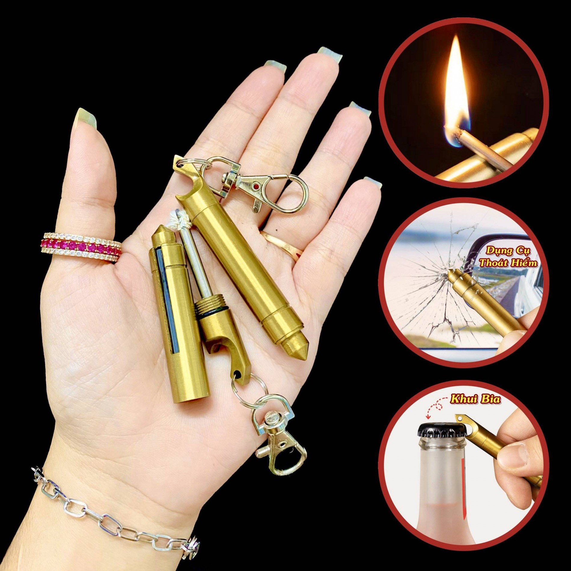 Bật lửa móc khóa diêm xăng Dolphin 4 in1 (bật lửa, móc khóa, thoát hiểm, khui bia)