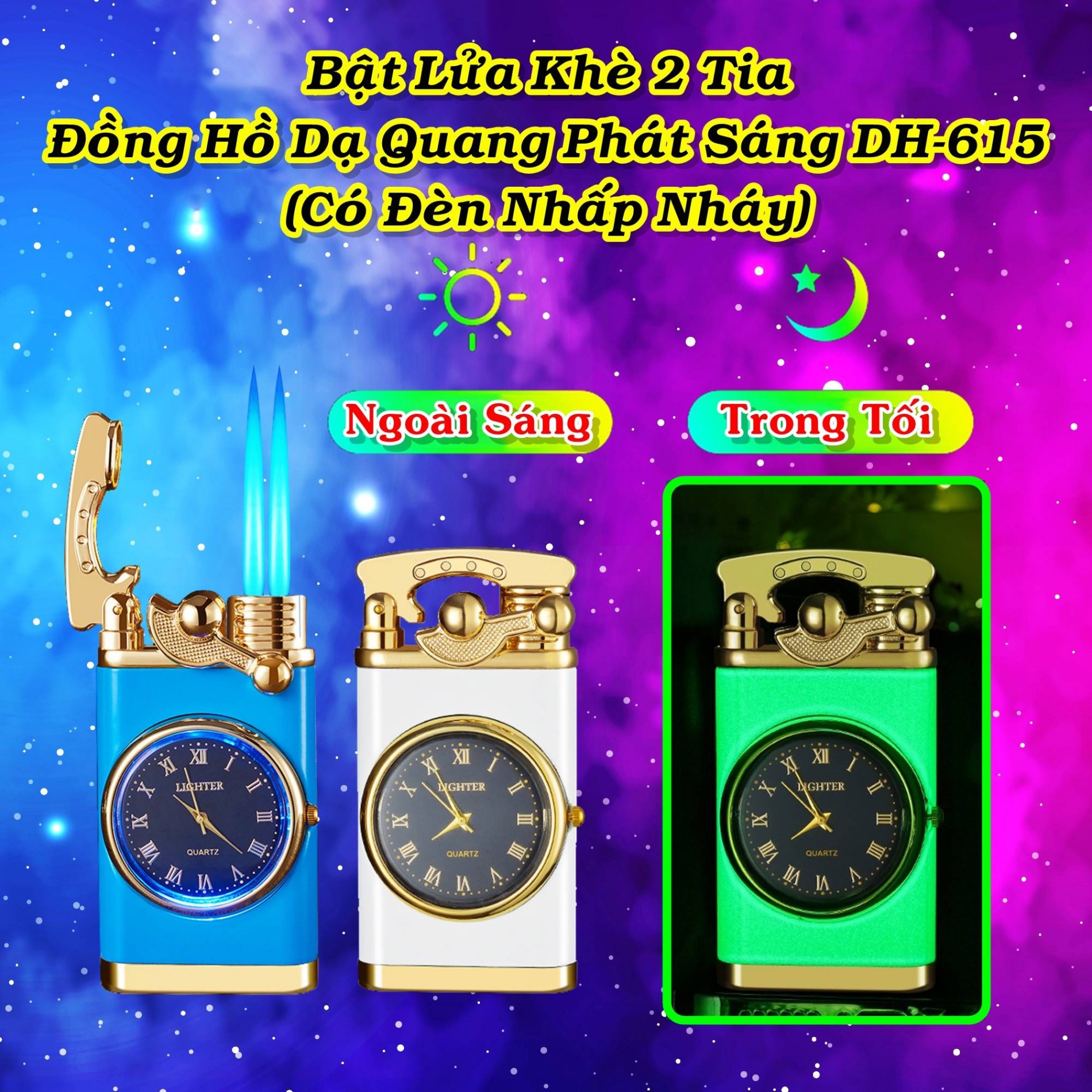 Bật lửa đồng hồ dạ quang DH-615 (2 tia lửa có đèn nhấp nháy xài gas)