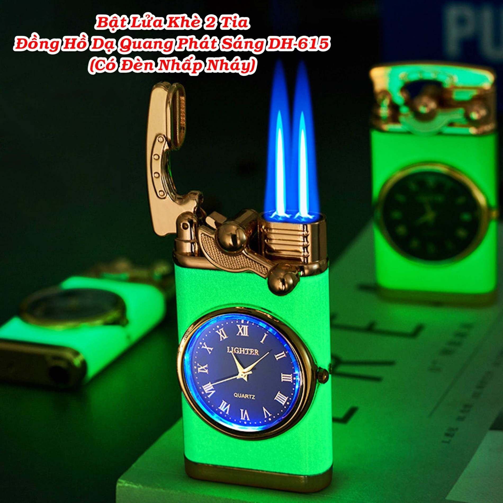 Bật lửa đồng hồ dạ quang DH-615 (2 tia lửa có đèn nhấp nháy xài gas)