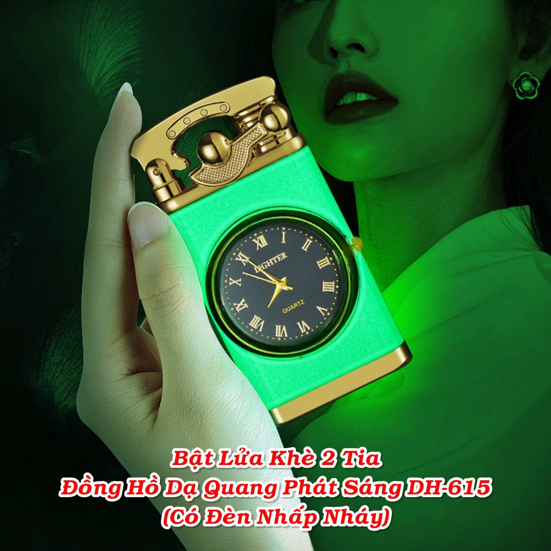 Bật lửa đồng hồ dạ quang DH-615 (2 tia lửa có đèn nhấp nháy xài gas)