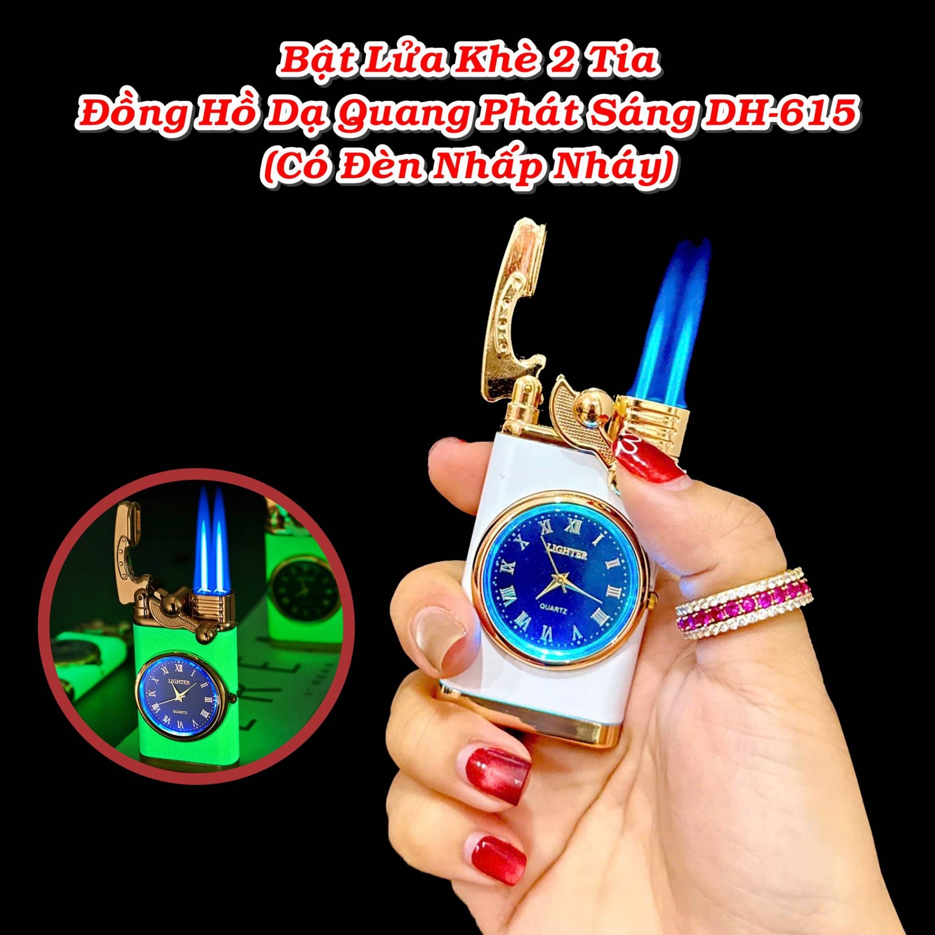 Bật lửa đồng hồ dạ quang DH-615 (2 tia lửa có đèn nhấp nháy xài gas)