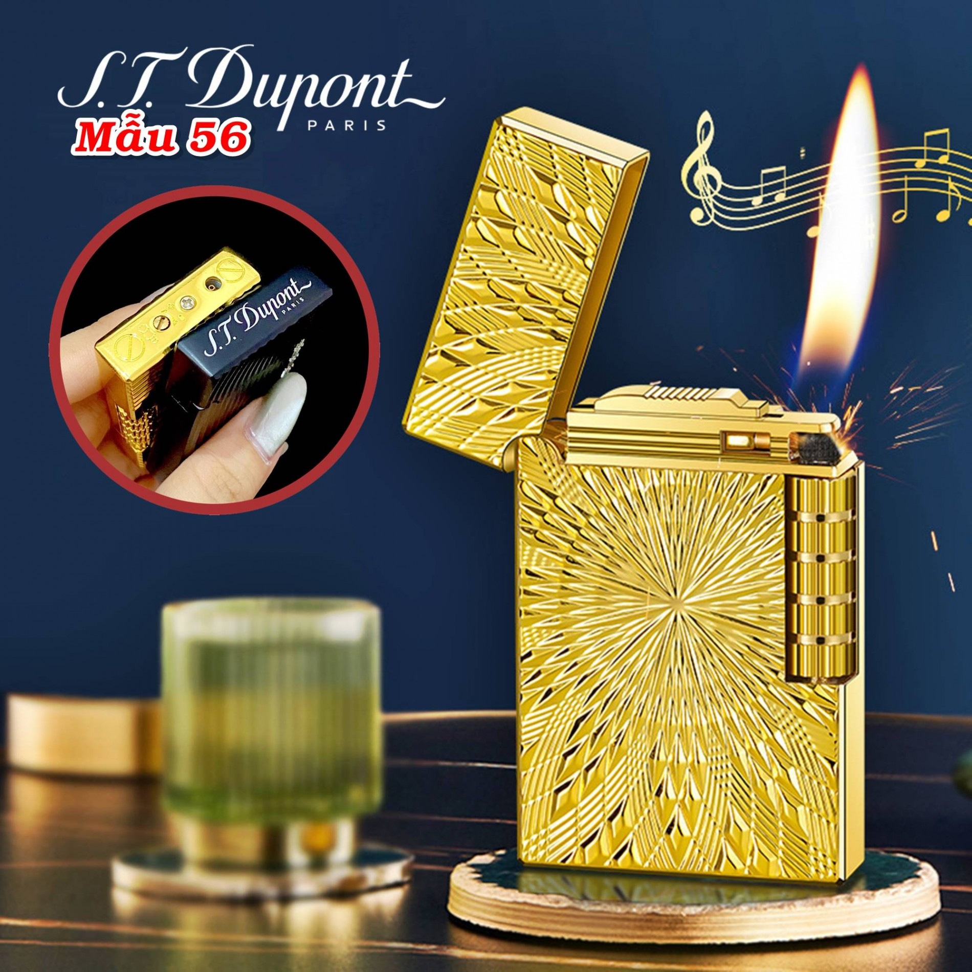 Bật lửa Dupont vân nổi hoa hướng dương M56 xài gas
