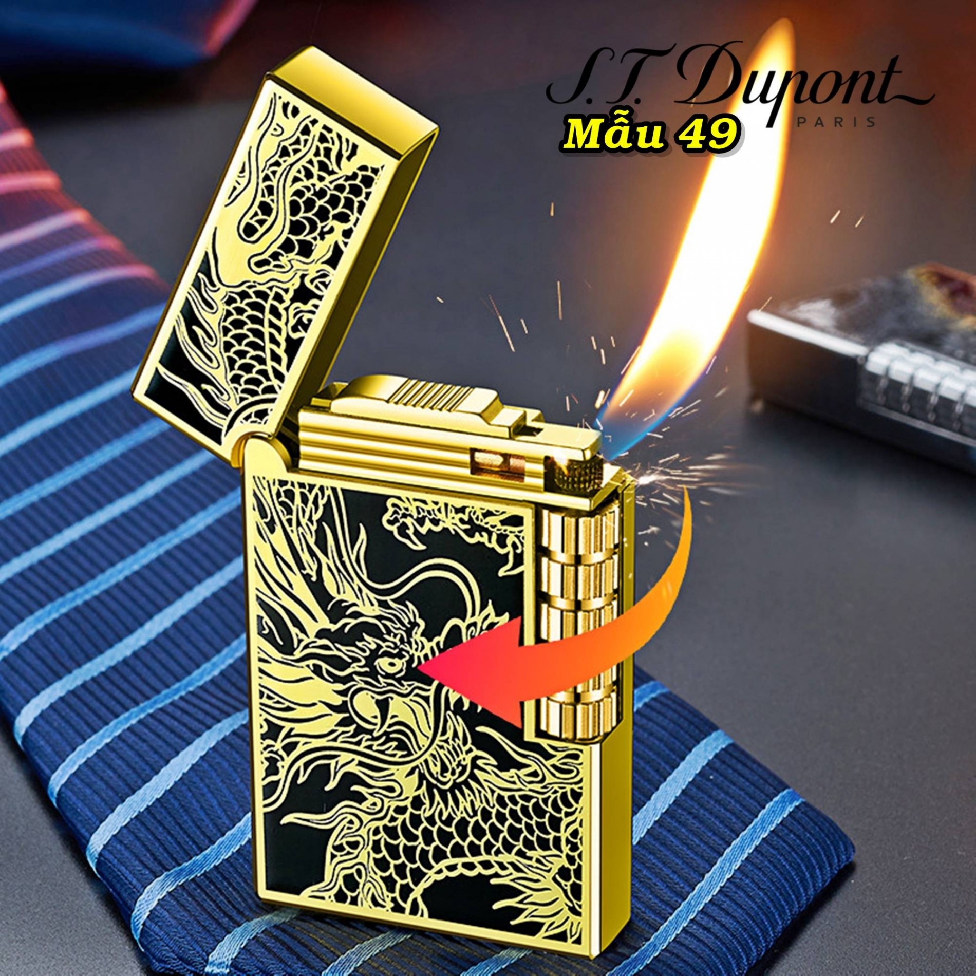 Bật lửa Dupont khắc hình rồng in chìm xài gas