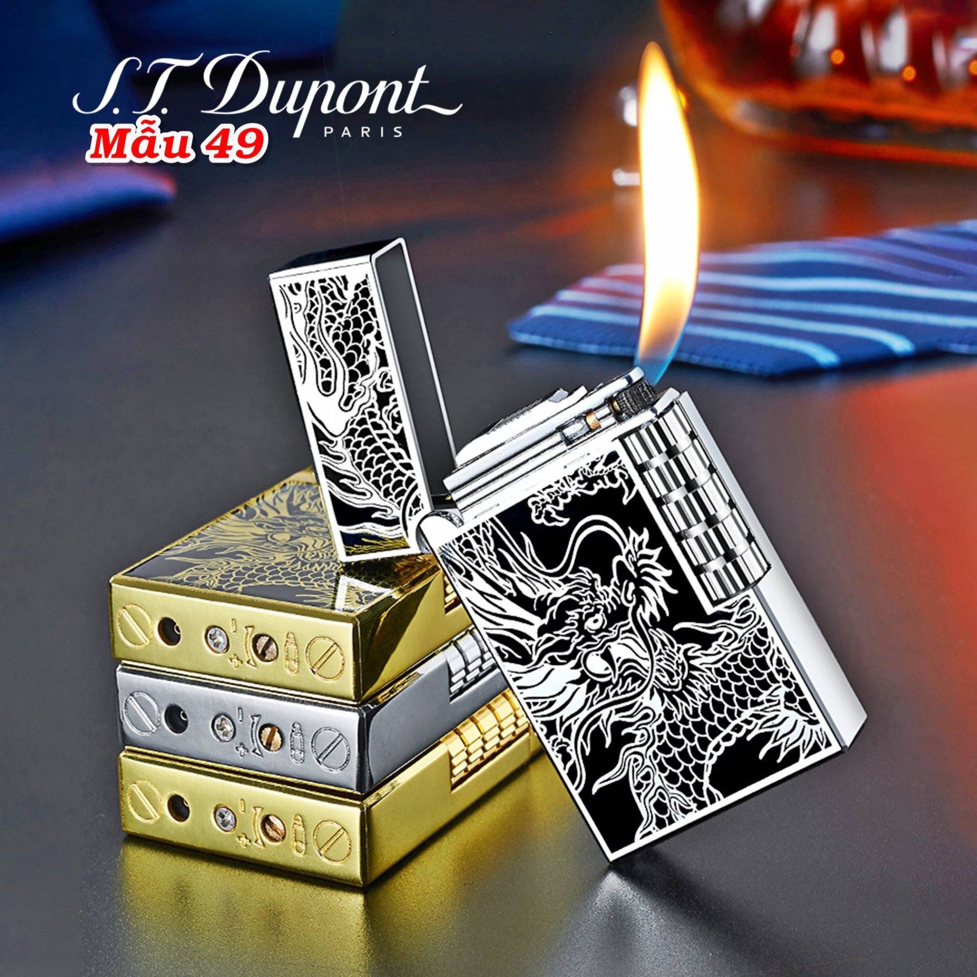 Bật lửa Dupont khắc hình rồng in chìm xài gas