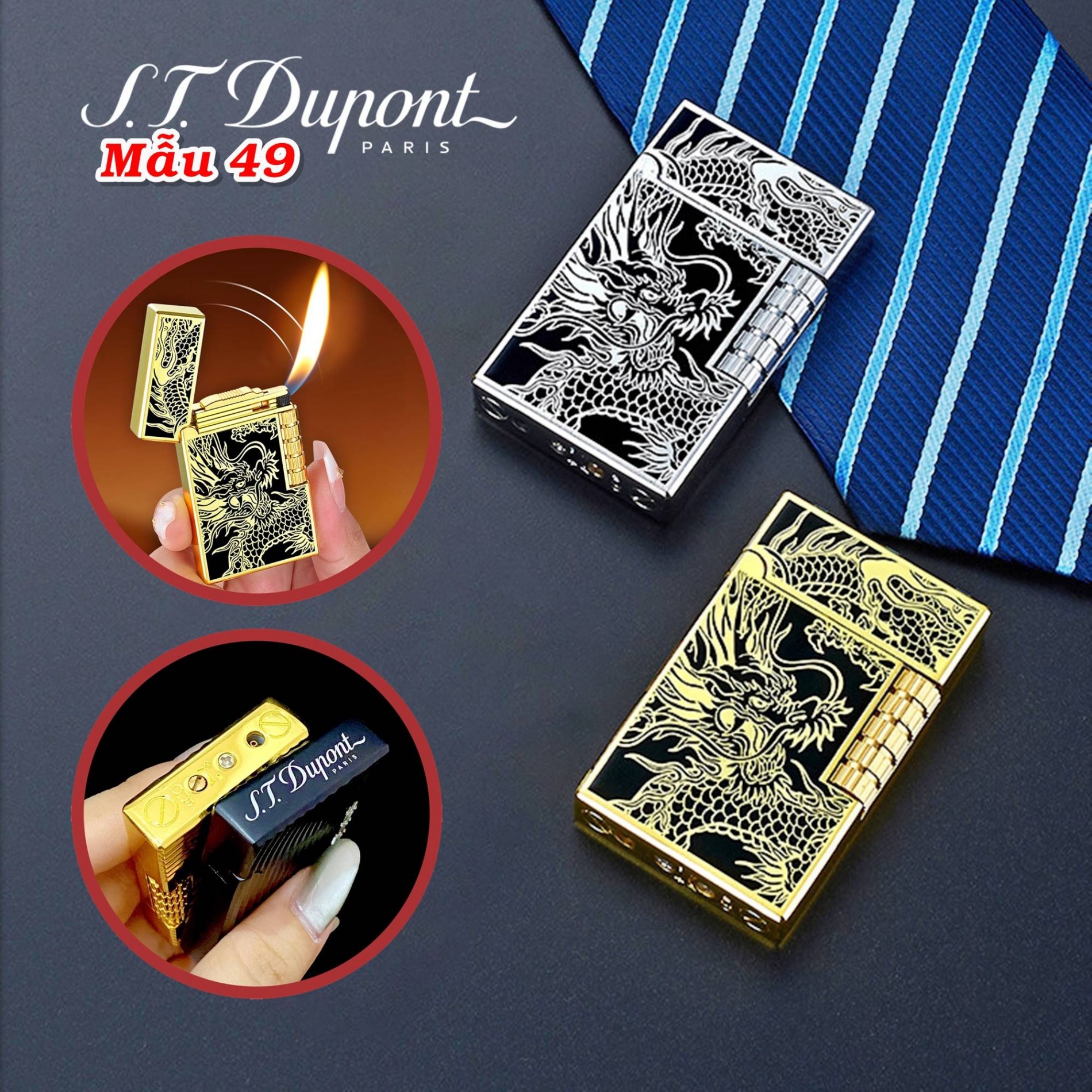 Bật lửa Dupont khắc hình rồng in chìm xài gas