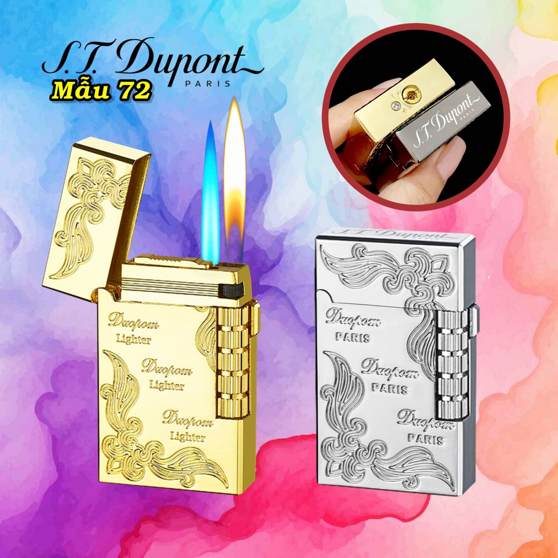 Bật lửa Dupont 2 chế độ lửa hoa văn cổ điển M-72 xài gas