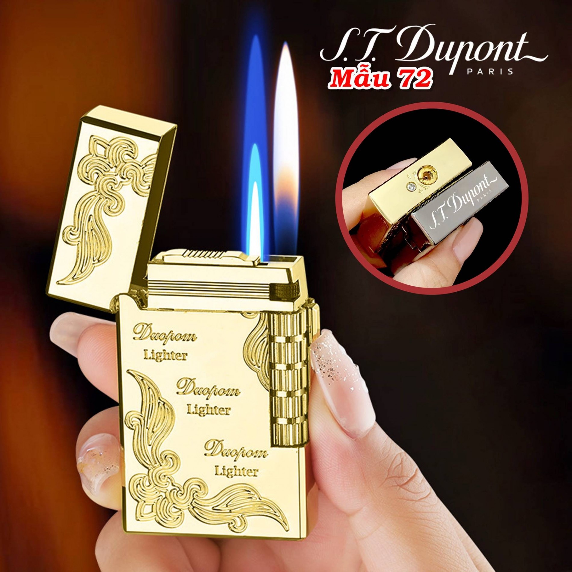 Bật lửa Dupont 2 chế độ lửa hoa văn cổ điển M-72 xài gas