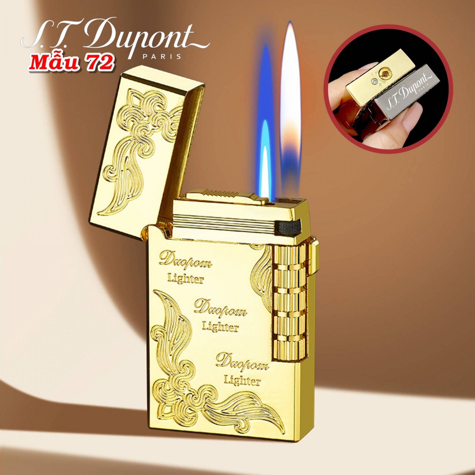 Bật lửa Dupont 2 chế độ lửa hoa văn cổ điển M-72 xài gas