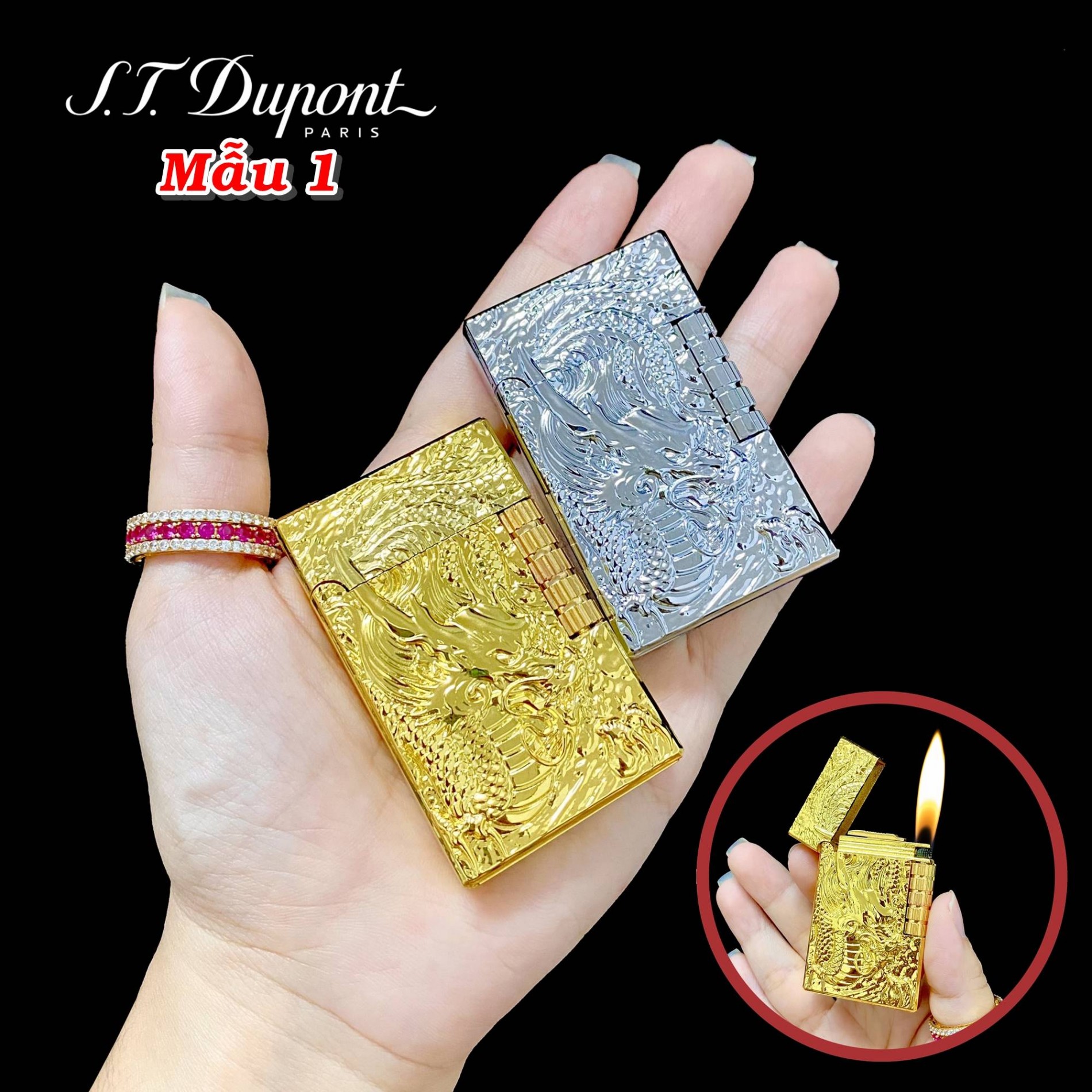 Bật lửa Dupont dập nổi hình rồng 2 mặt dùng gas