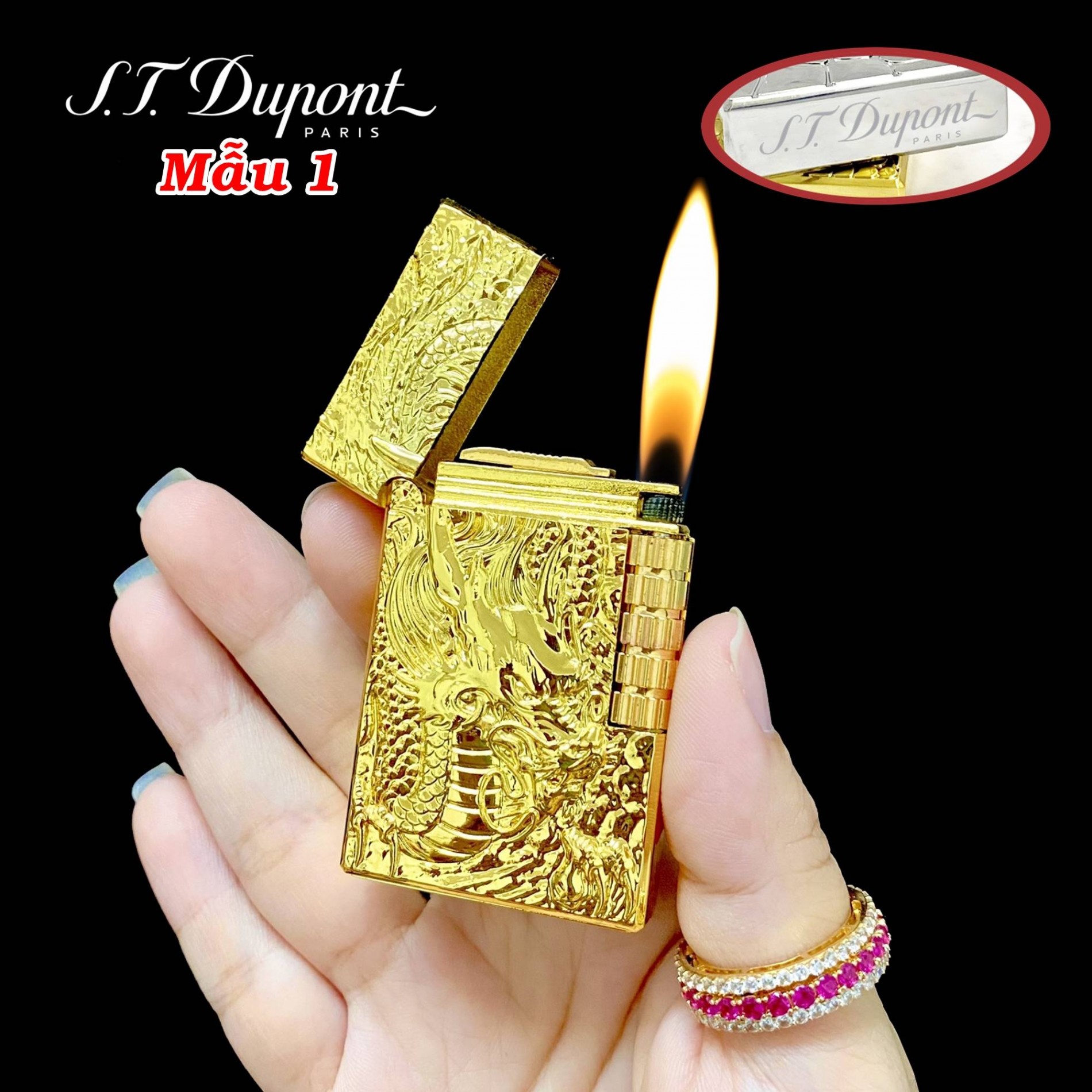 Bật lửa Dupont dập nổi hình rồng 2 mặt dùng gas
