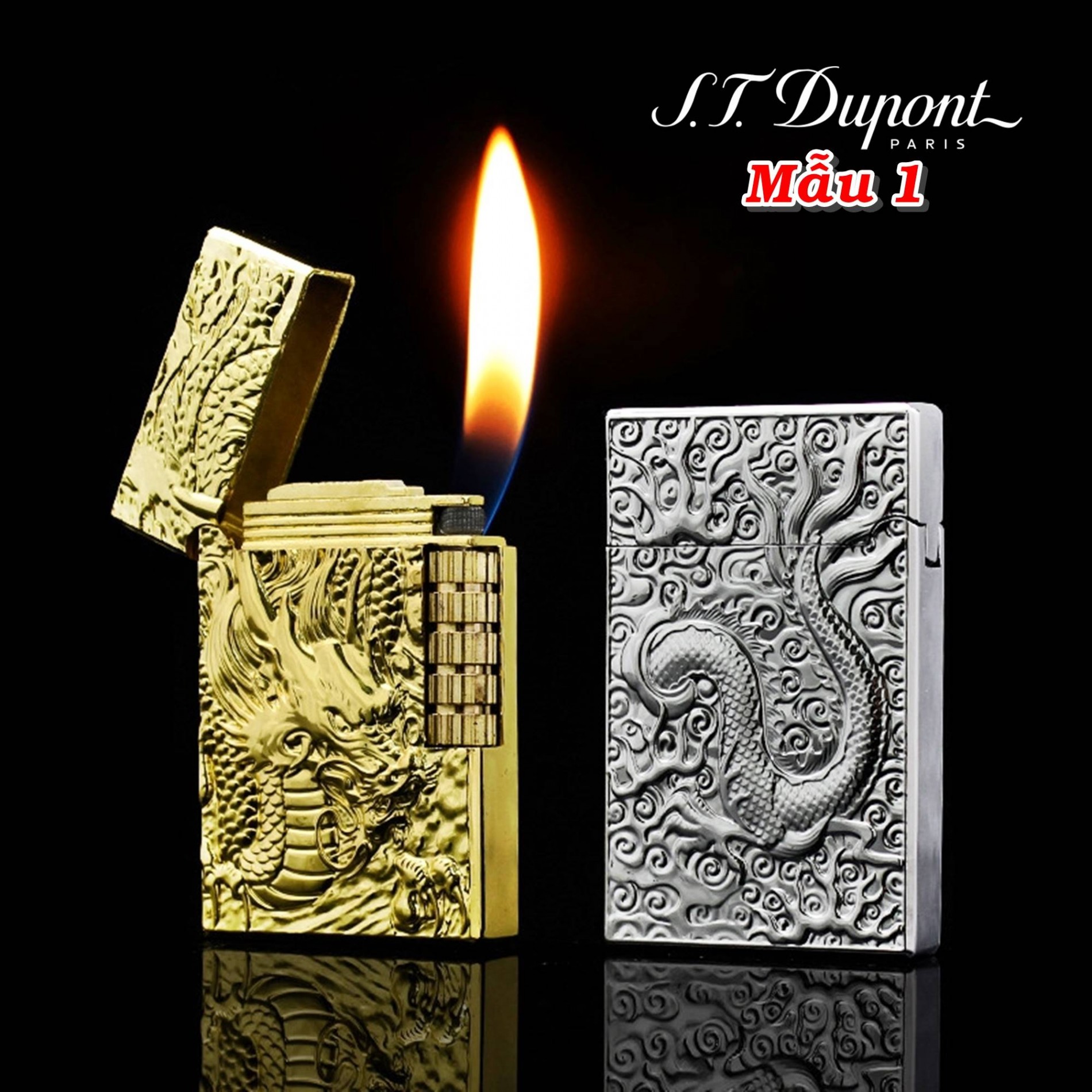 Bật lửa Dupont dập nổi hình rồng 2 mặt dùng gas