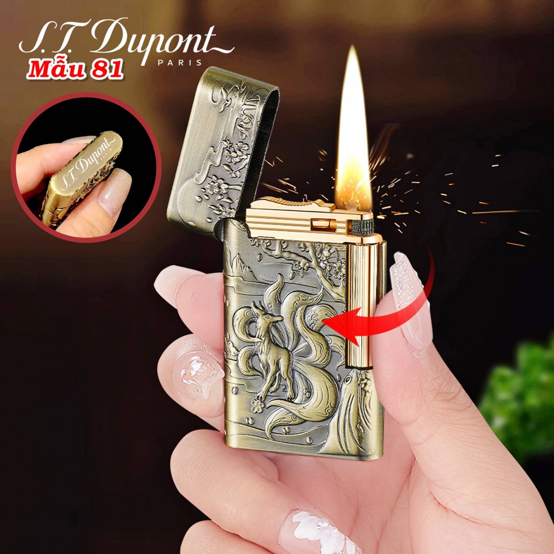 Bật lửa Dupont hình hồ ly 9 đuôi dập nổi 2 mặt dùng xăng