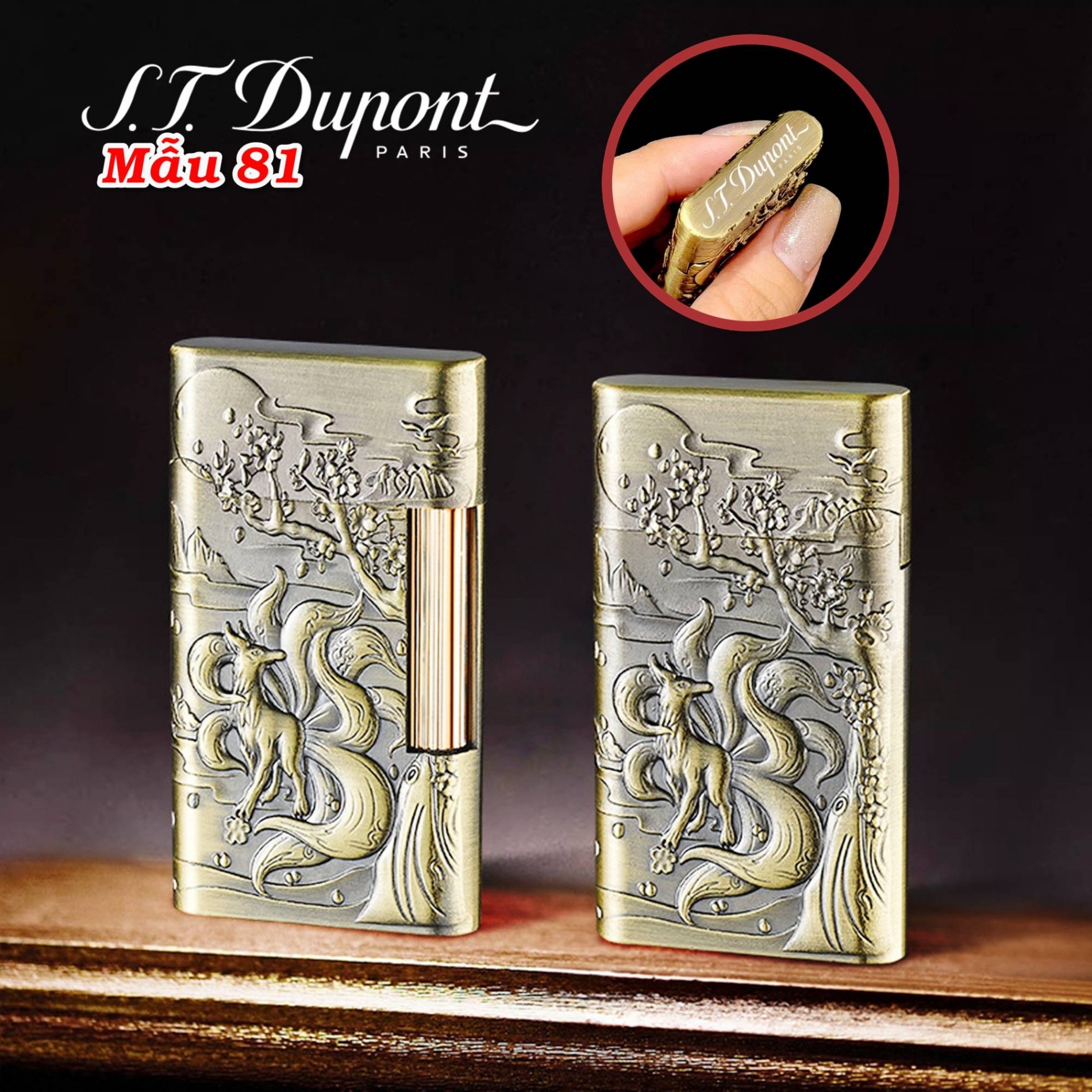 Bật lửa Dupont hình hồ ly 9 đuôi dập nổi 2 mặt dùng xăng