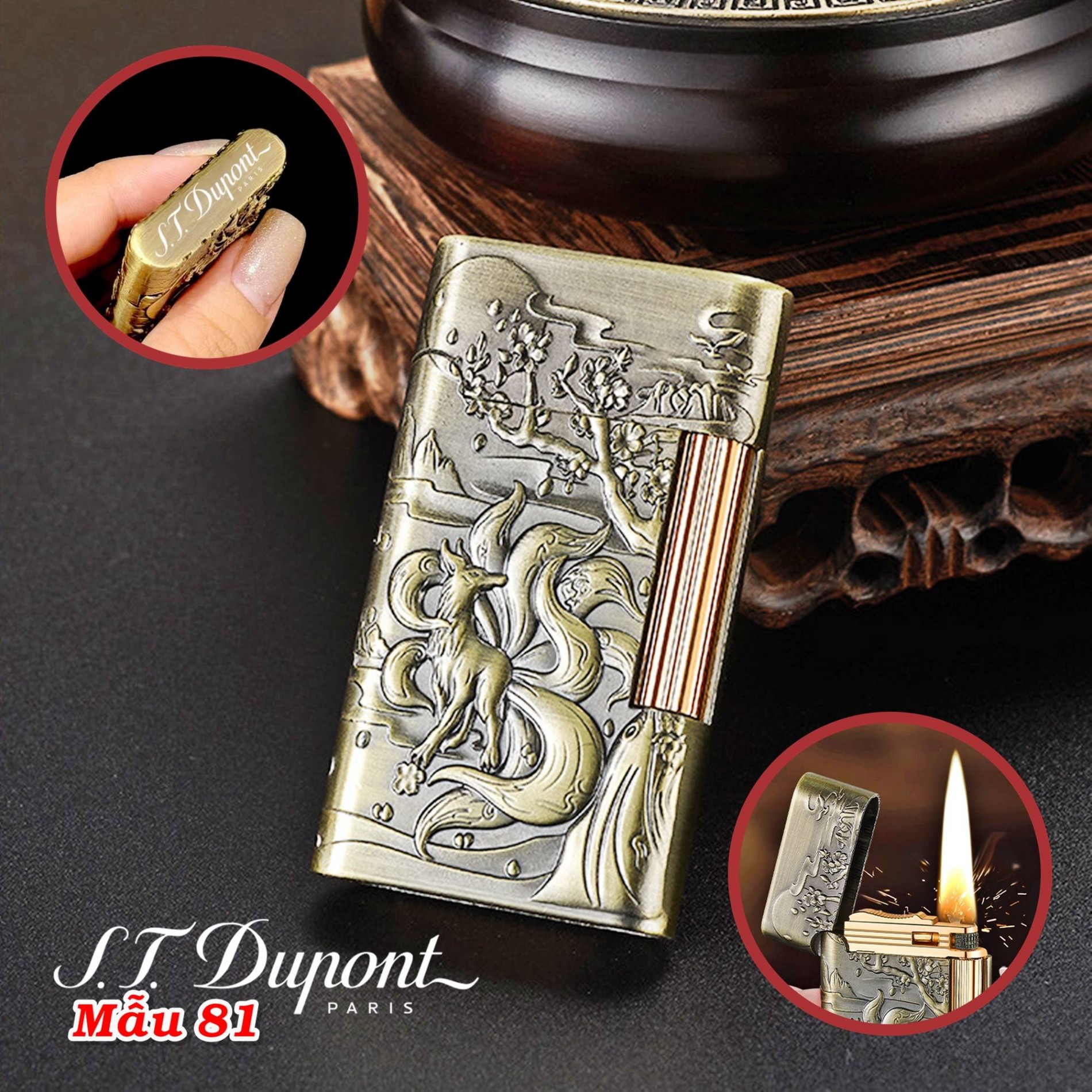 Bật lửa Dupont hình hồ ly 9 đuôi dập nổi 2 mặt dùng xăng