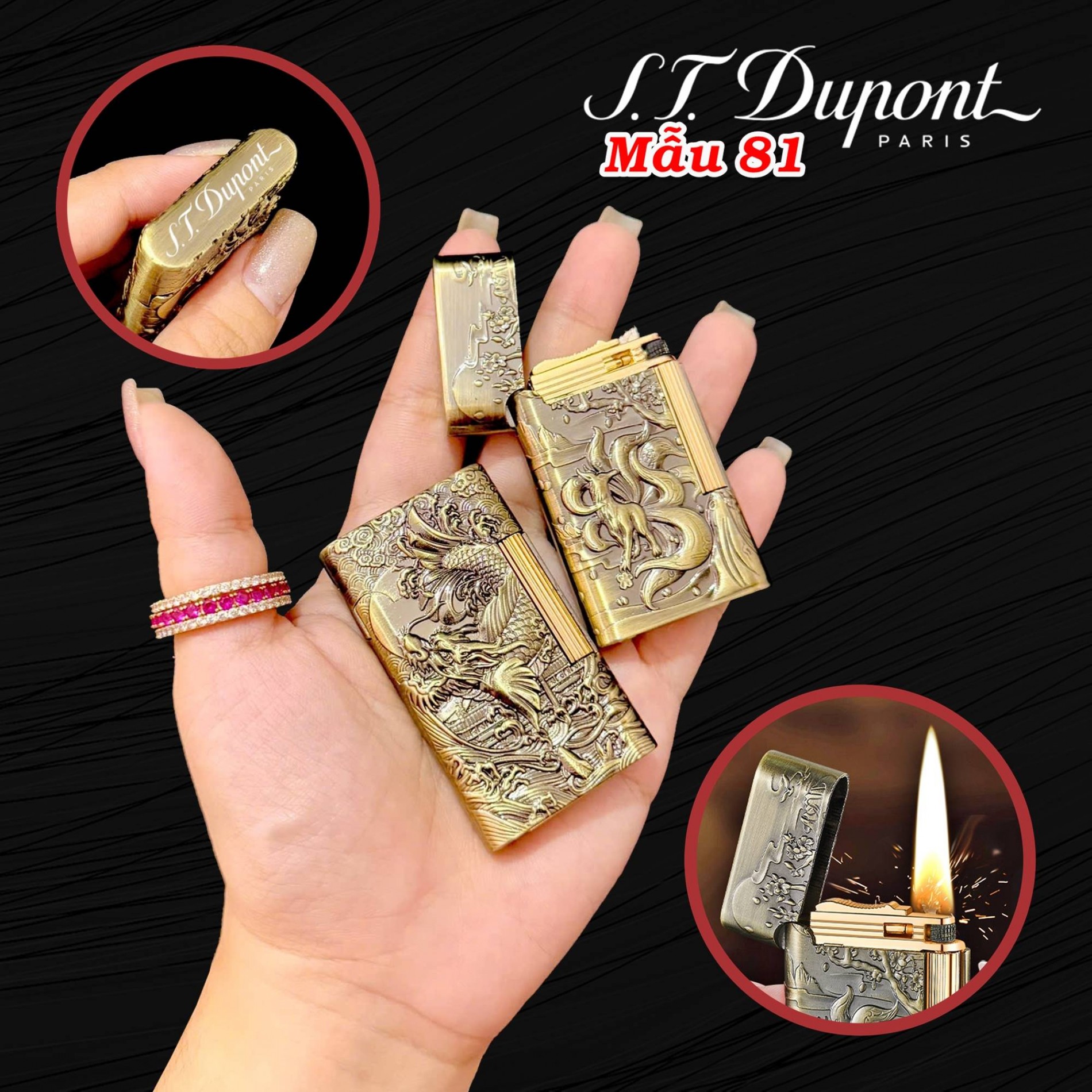 Bật lửa Dupont hình hồ ly 9 đuôi dập nổi 2 mặt dùng xăng