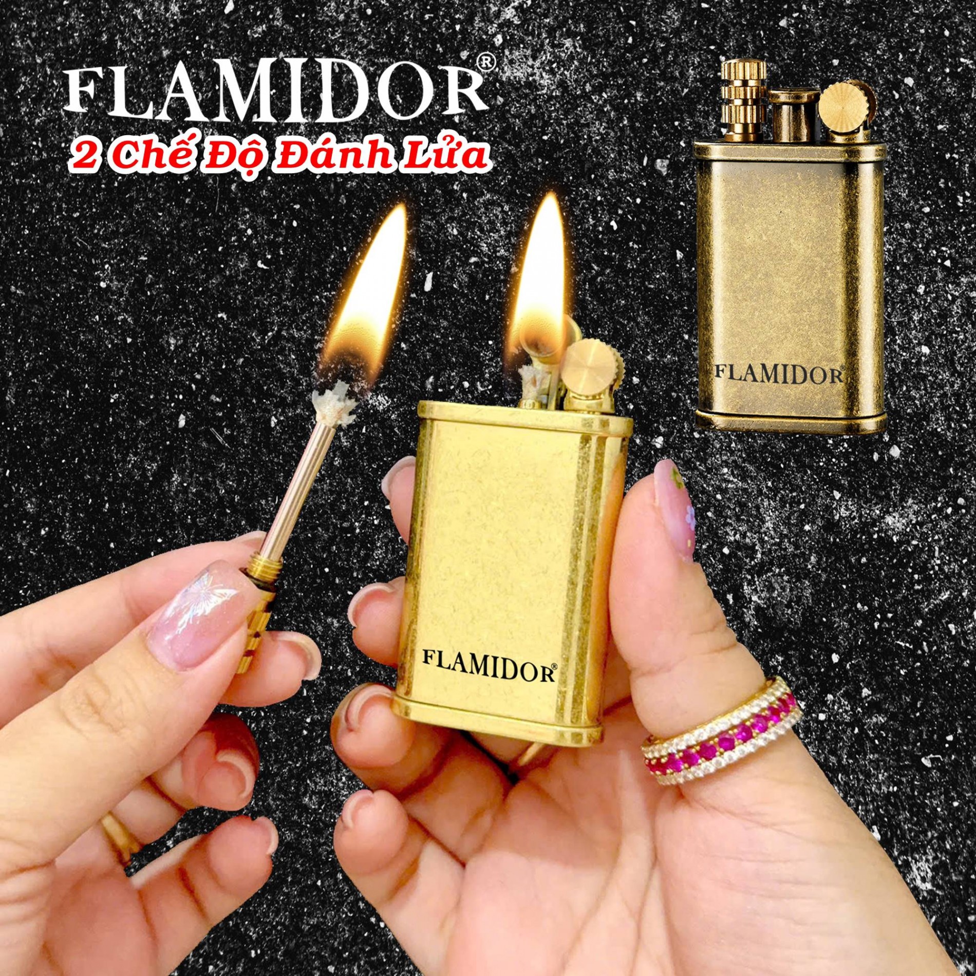 Bật lửa xăng đá flamidor 2 chế độ đánh lửa (kim loại nguyên khối) - (xài xăng)