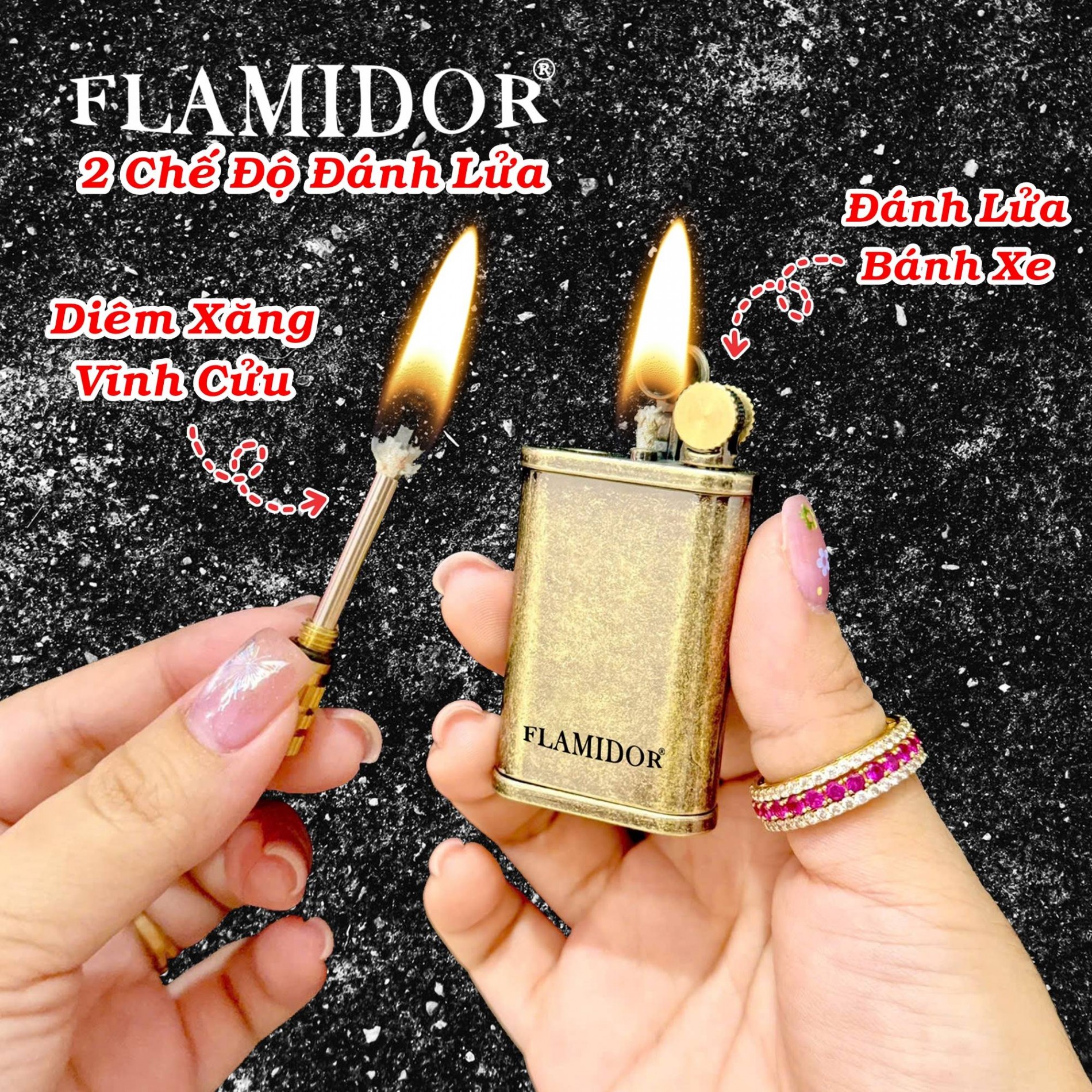 Bật lửa xăng đá flamidor 2 chế độ đánh lửa (kim loại nguyên khối) - (xài xăng)