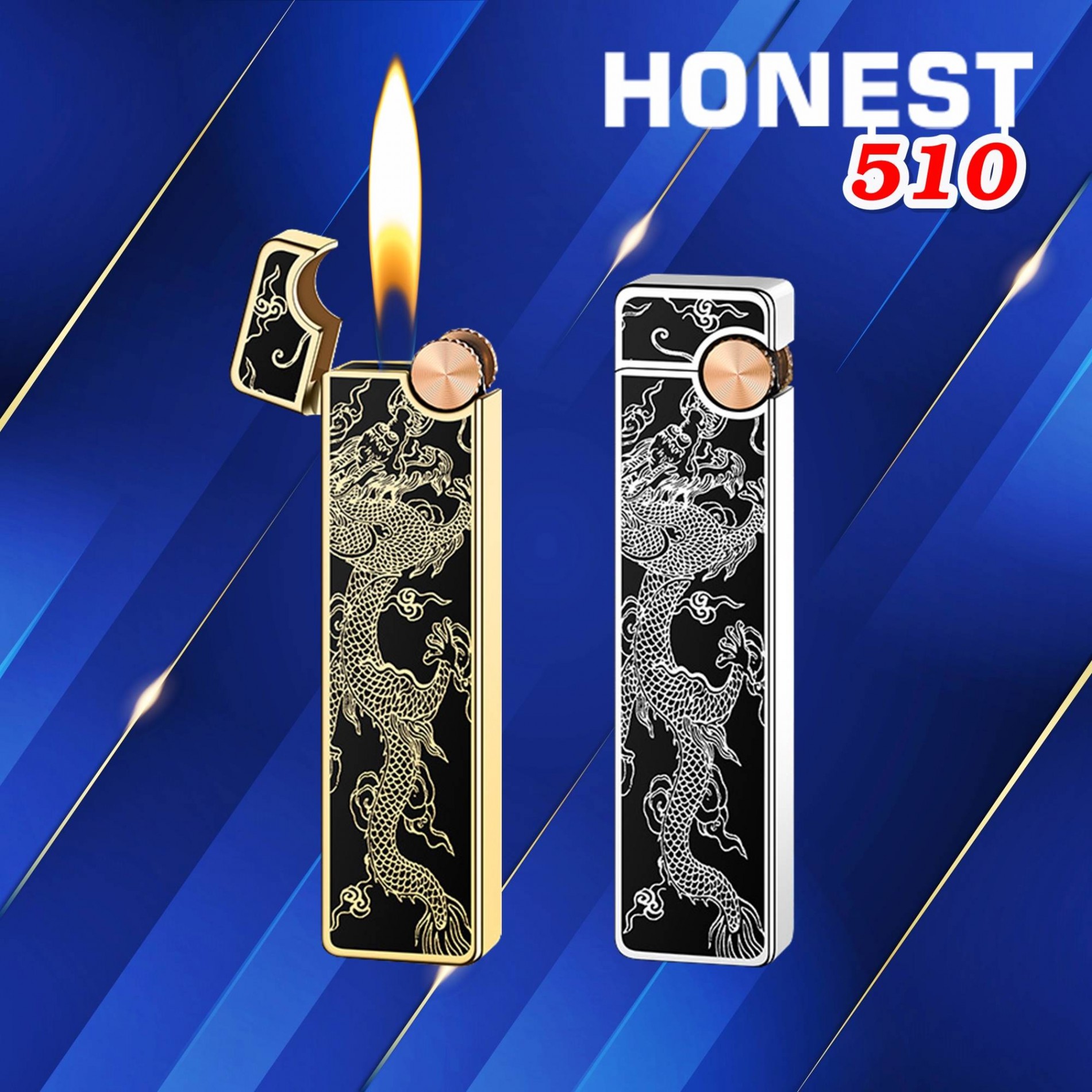 Bật lửa Honest mỏng dài sơn mài phủ bóng hình rồng gas đá