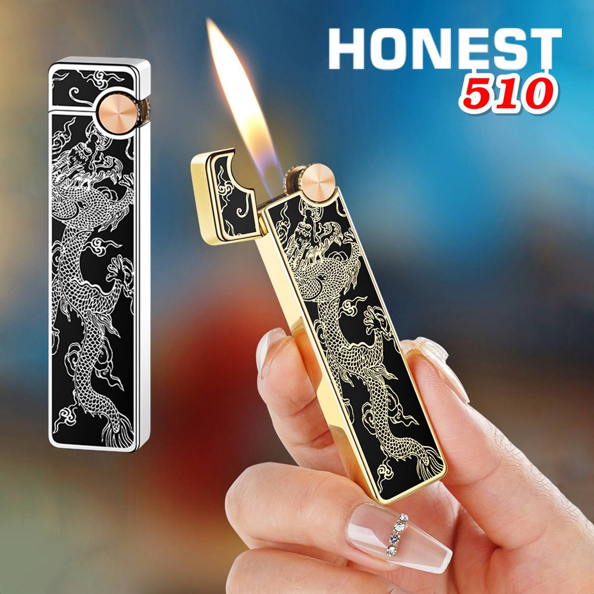 Bật lửa Honest mỏng dài sơn mài phủ bóng hình rồng gas đá