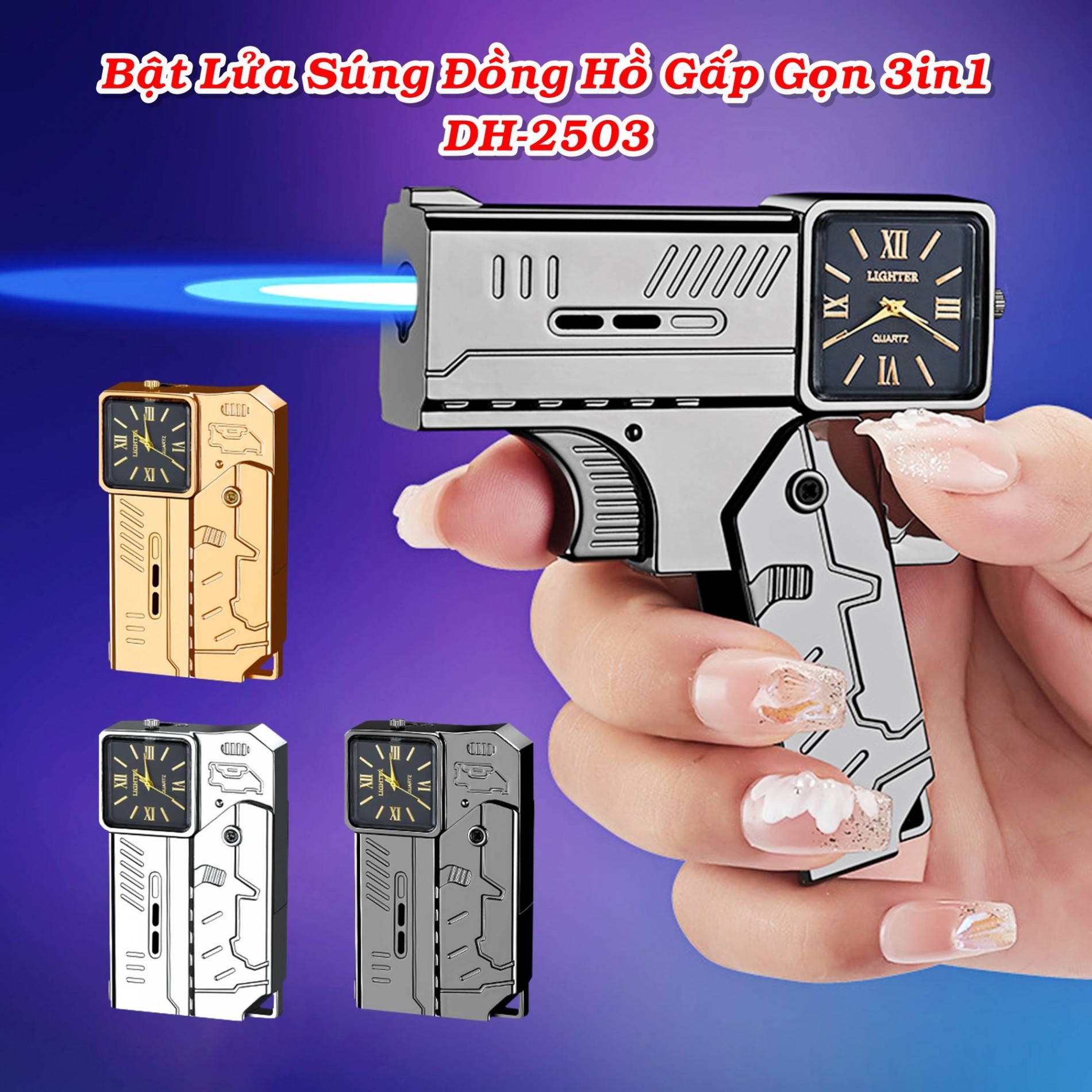 Bật lửa hình súng kiêm đồng hồ để bàn dùng gas