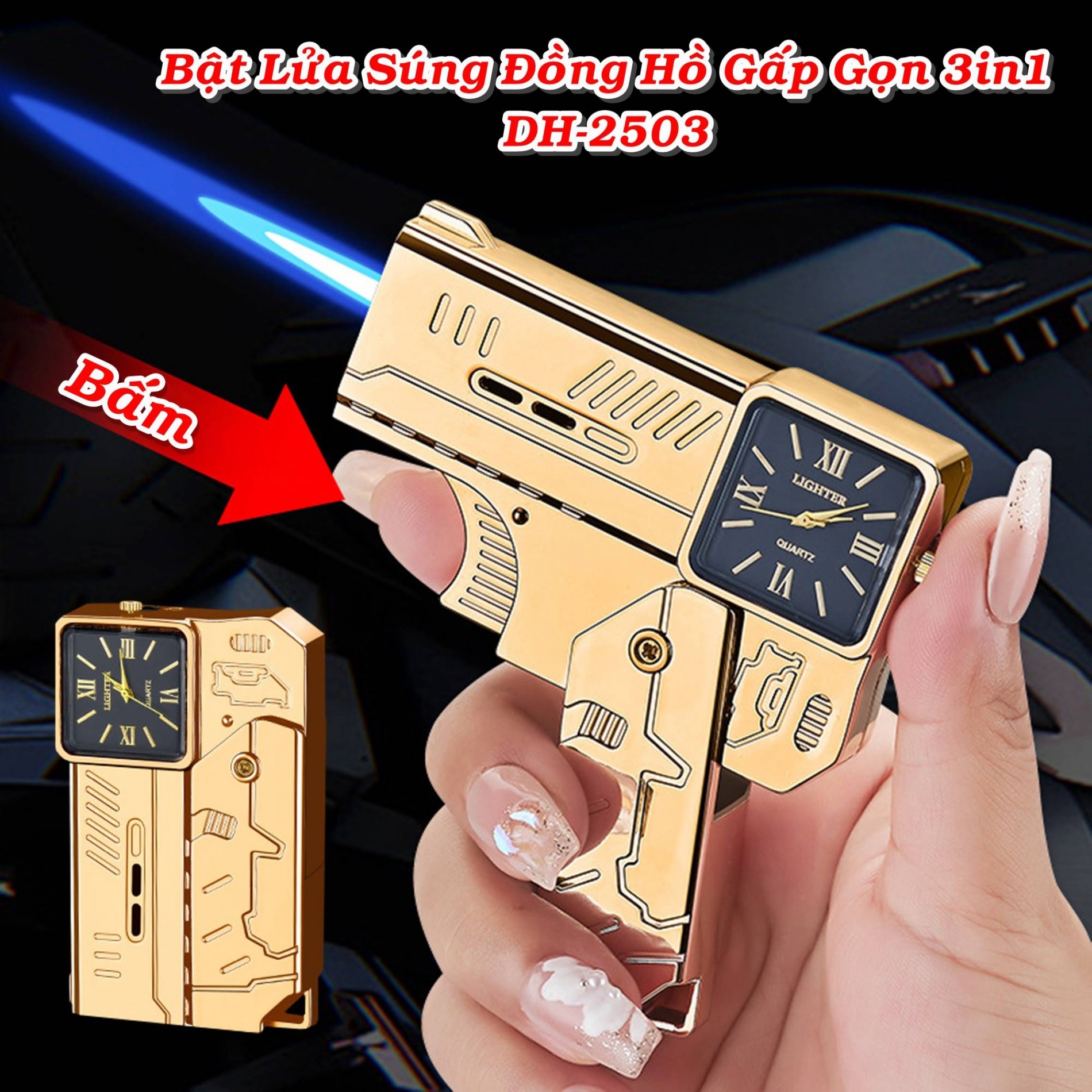 Bật lửa hình súng kiêm đồng hồ để bàn dùng gas