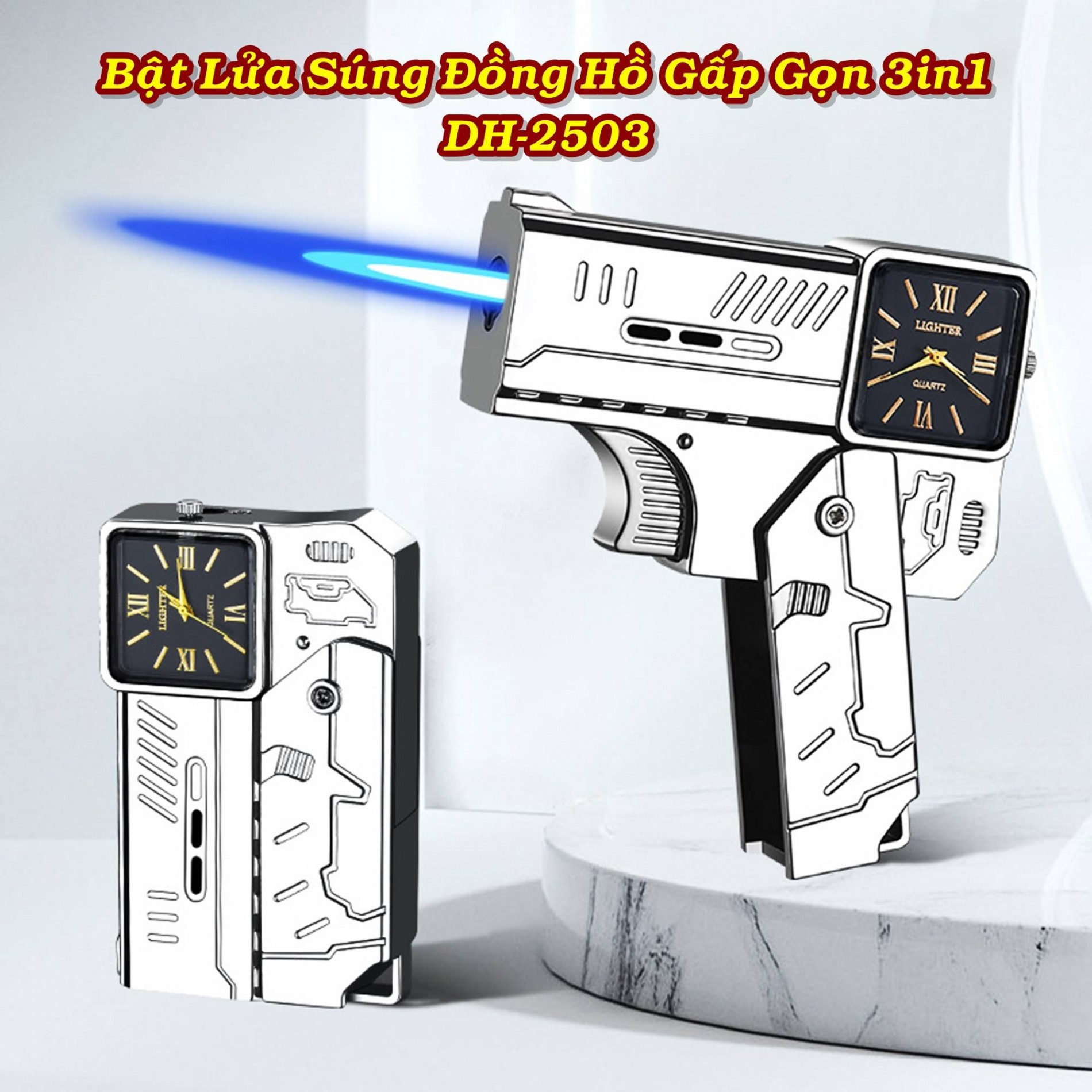 Bật lửa hình súng kiêm đồng hồ để bàn dùng gas