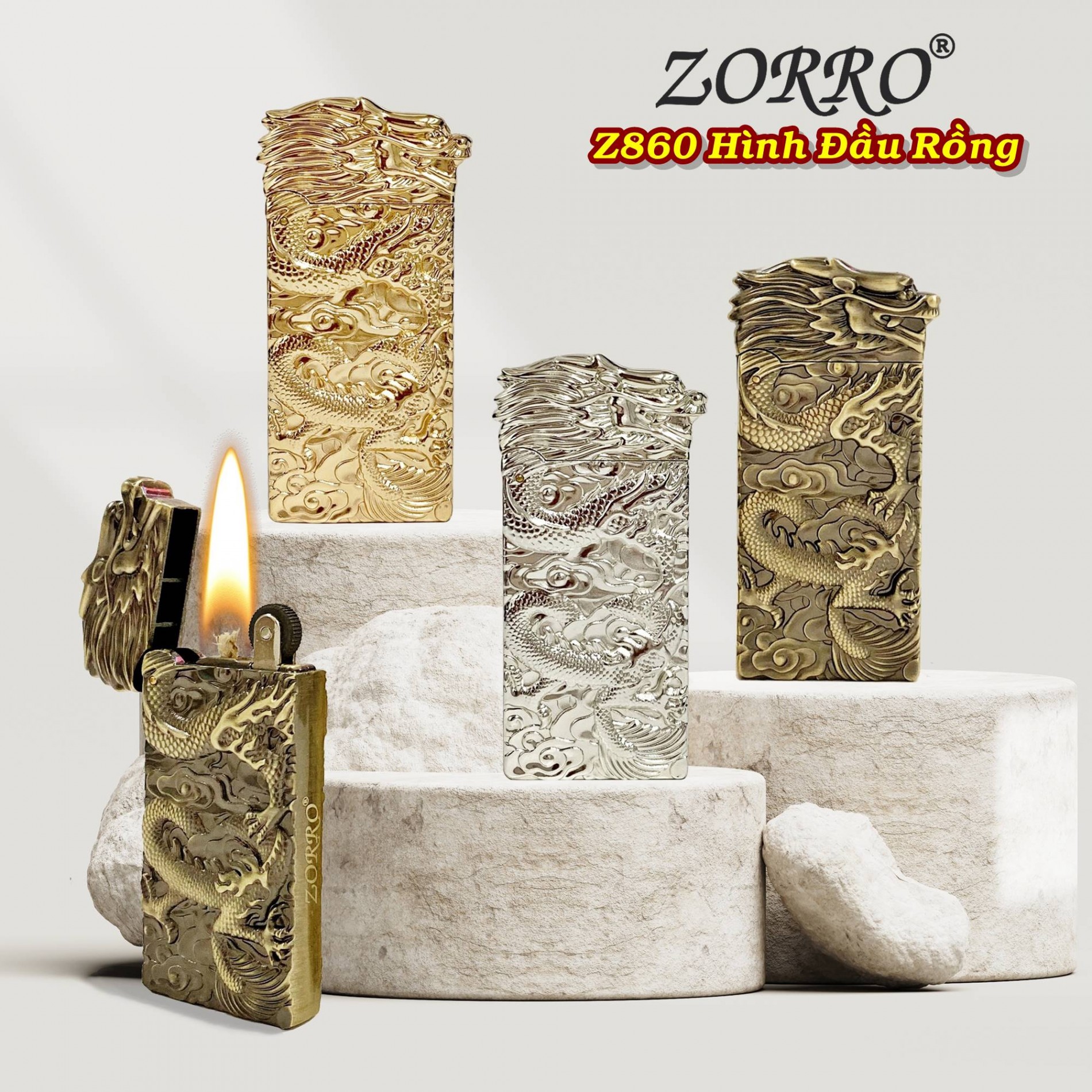 Bật lửa xăng đá Zorro Z860 hình đầu rồng có hộp - xài xăng