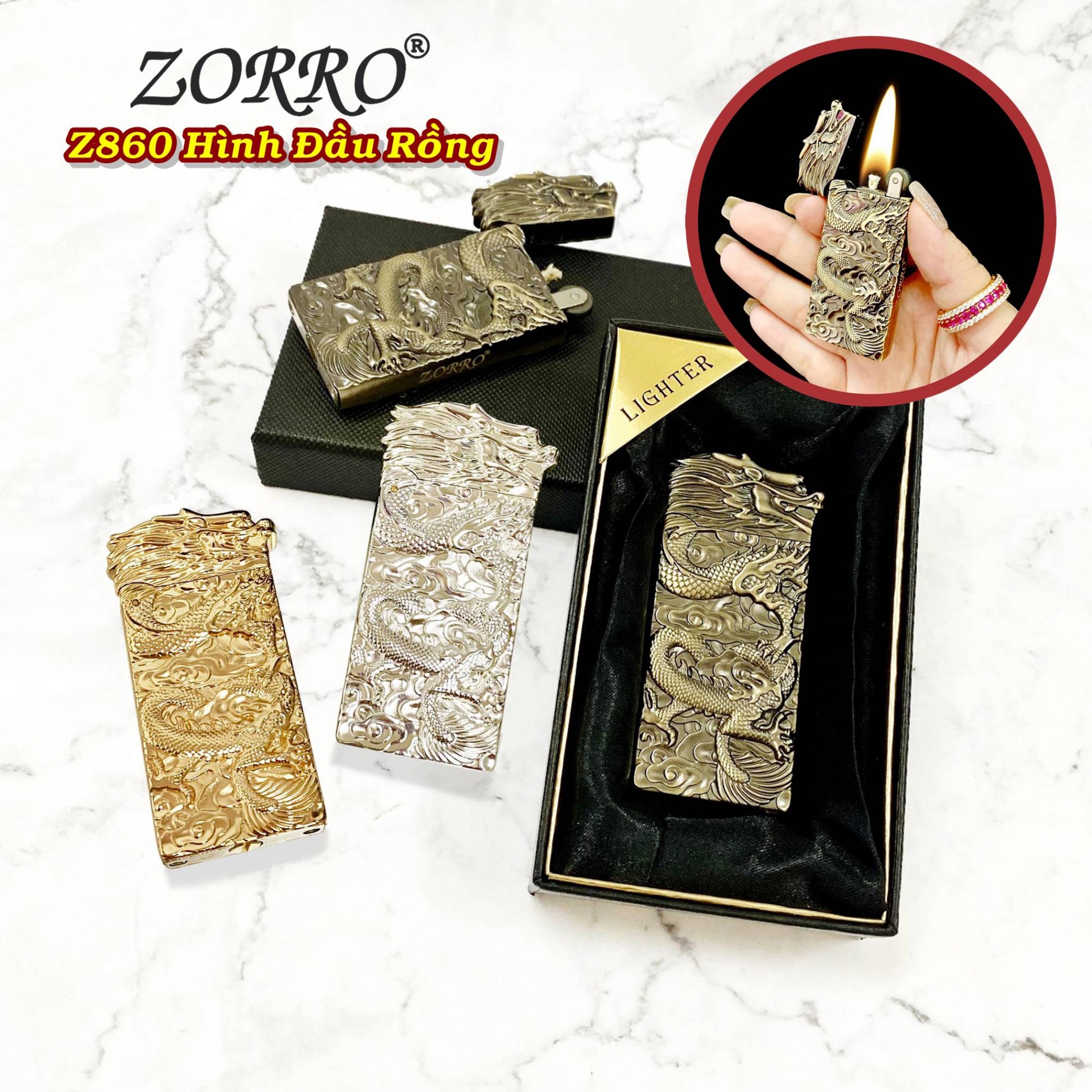 Bật lửa xăng đá Zorro Z860 hình đầu rồng có hộp - xài xăng