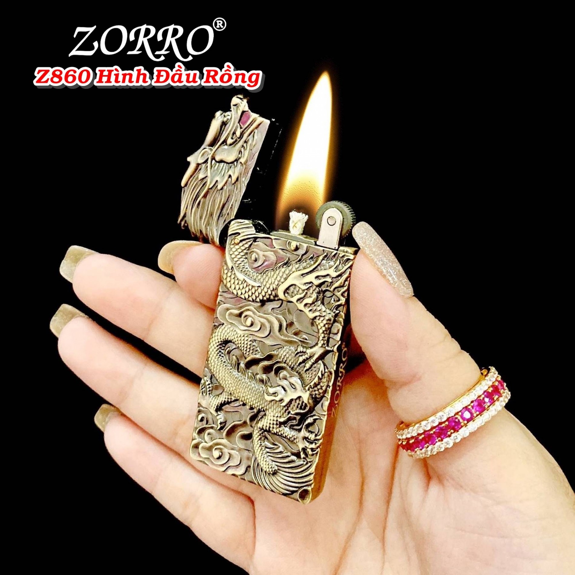 Bật lửa xăng đá Zorro Z860 hình đầu rồng có hộp - xài xăng