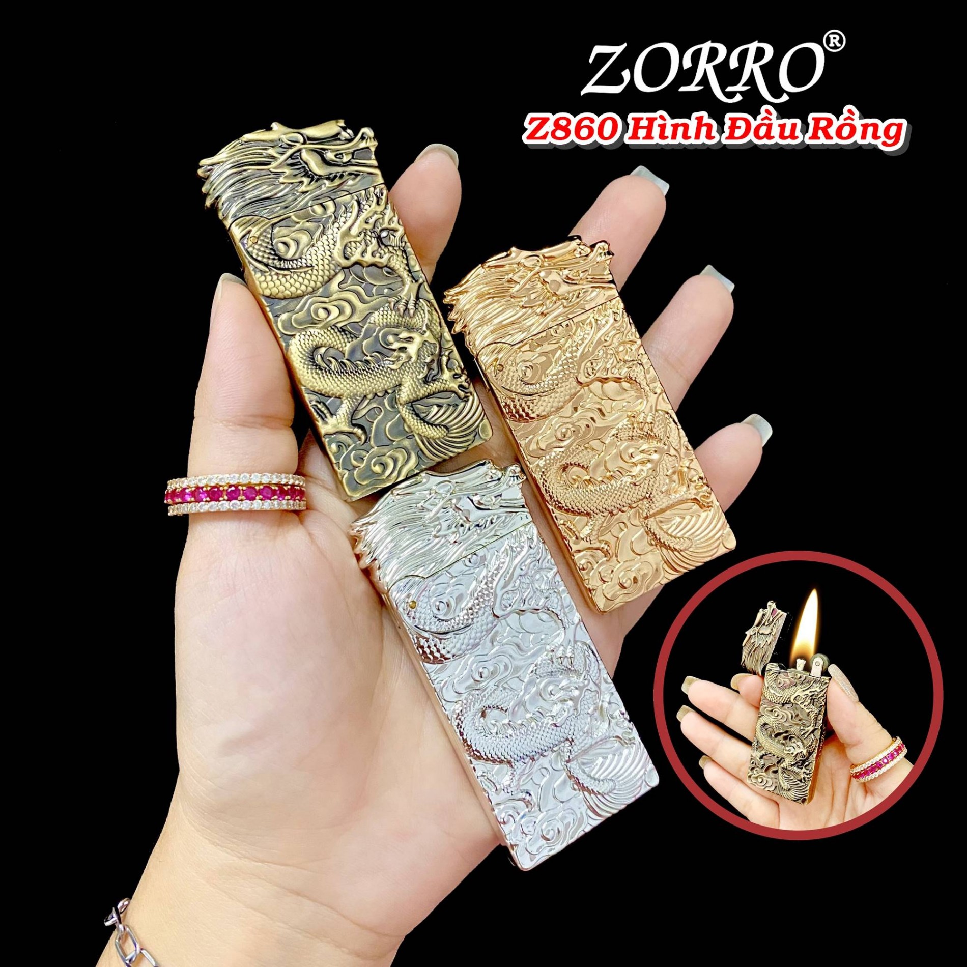Bật lửa xăng đá Zorro Z860 hình đầu rồng có hộp - xài xăng