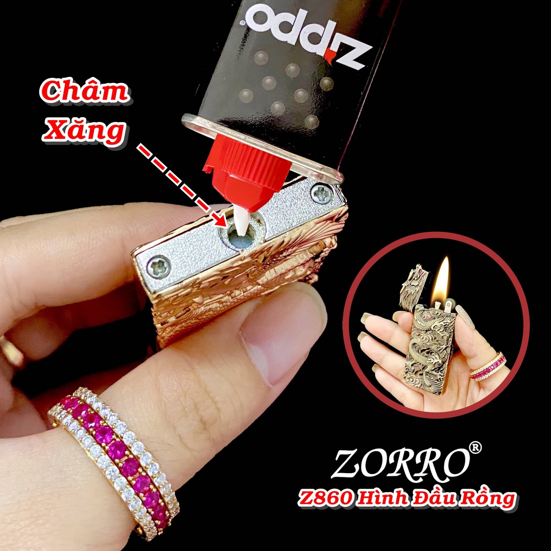 Bật lửa xăng đá Zorro Z860 hình đầu rồng - xài xăng