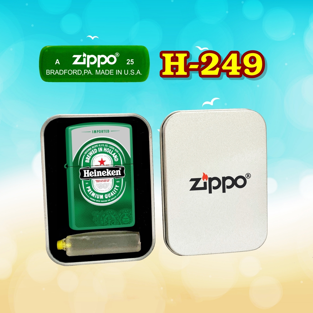 Bật lửa Zippo sơn tĩnh điện 2 mặt hình logo bia Heineken - hộp thiếc kèm xăng