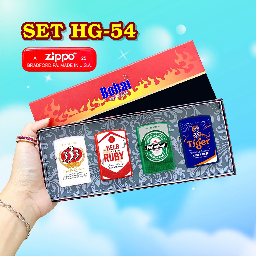 Bộ 4 bật lửa Zippo sơn tĩnh điện 2 mặt hình logo bia có mộc đáy hộp giấy xài xăng