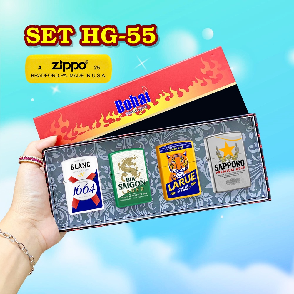 Bộ 4 bật lửa Zippo sơn tĩnh điện 2 mặt hình logo bia có mộc đáy hộp giấy xài xăng