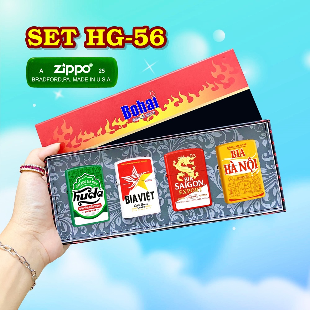 Bộ 4 bật lửa Zippo sơn tĩnh điện 2 mặt hình logo bia có mộc đáy hộp giấy xài xăng