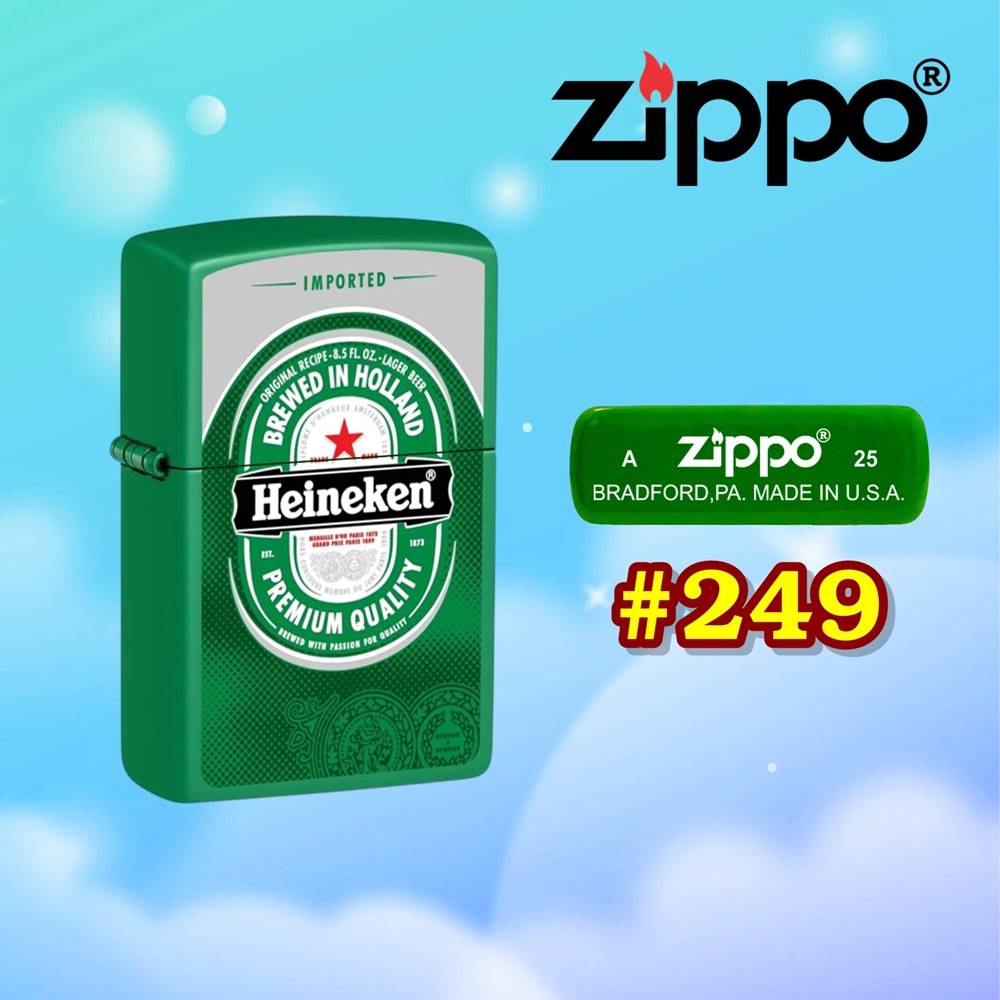 Bật lửa Zippo sơn tĩnh điện 2 mặt hình logo bia Heineken - hộp thiếc kèm xăng