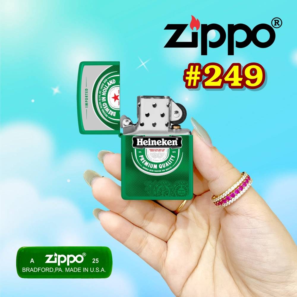 Bật lửa Zippo sơn tĩnh điện 2 mặt hình logo bia Heineken - hộp thiếc kèm xăng
