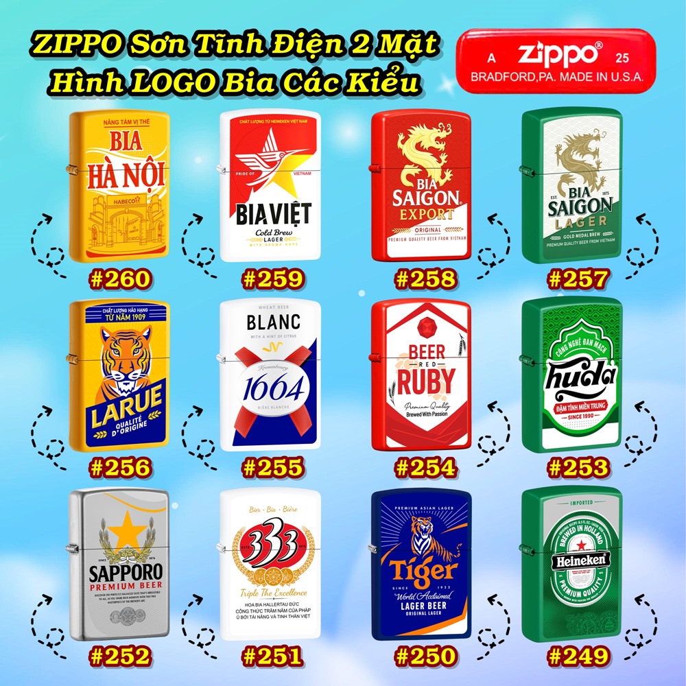 Bật lửa Zippo sơn tĩnh điện 2 mặt hình logo bia Heineken - hộp thiếc kèm xăng